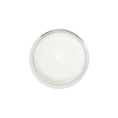 White cream in clear plastic container, top view, smooth texture