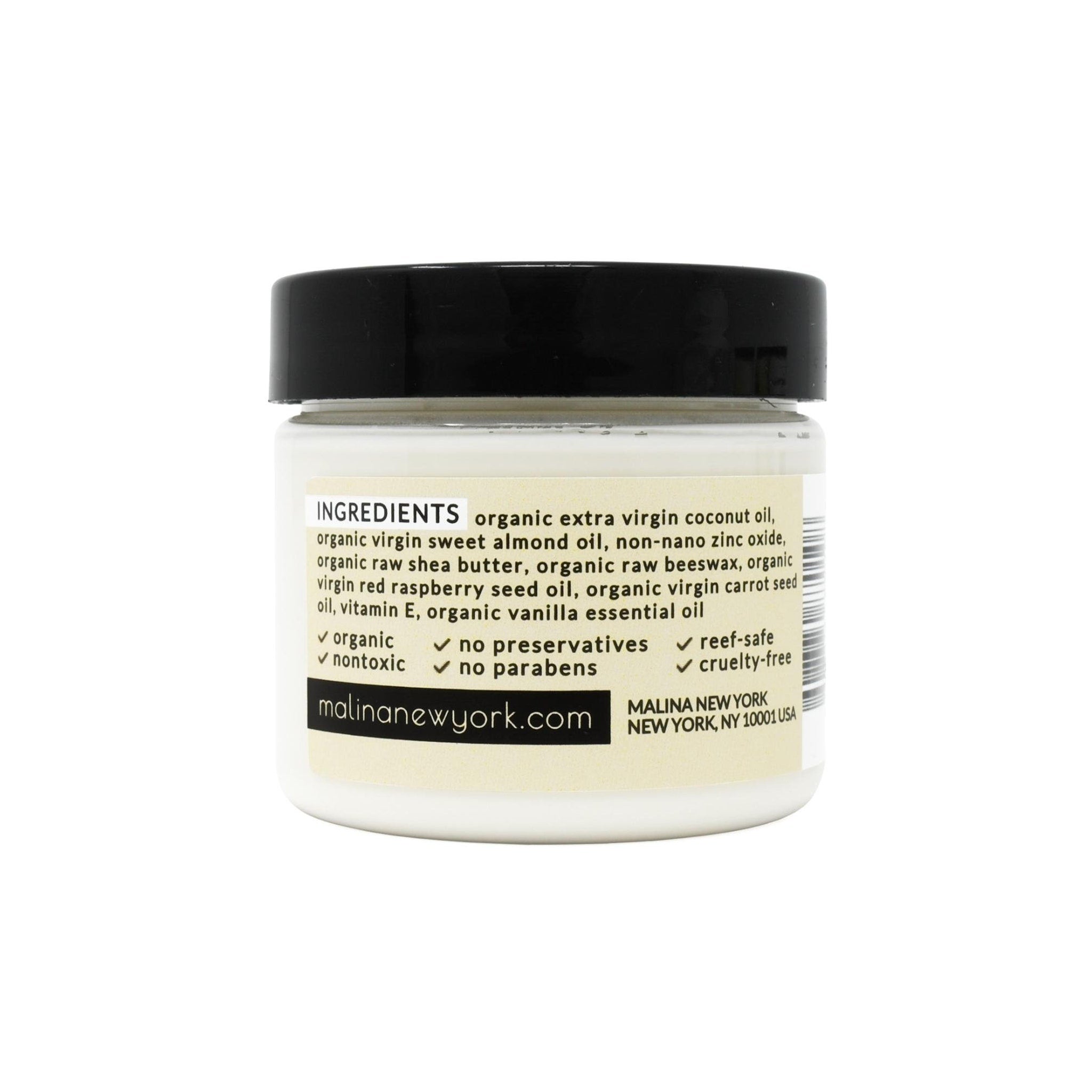 Cream jar with black lid, white label, and "malinanewyork.com" text visible