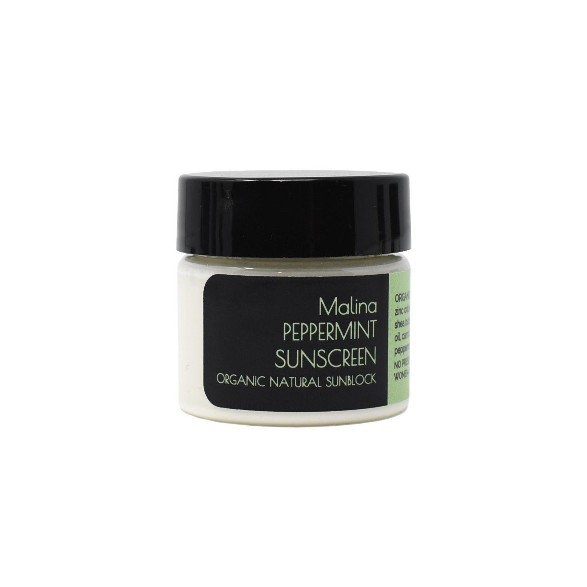 Sunscreen jar with black lid, white label, and text "Malina Peppermint Sunscreen" on it.