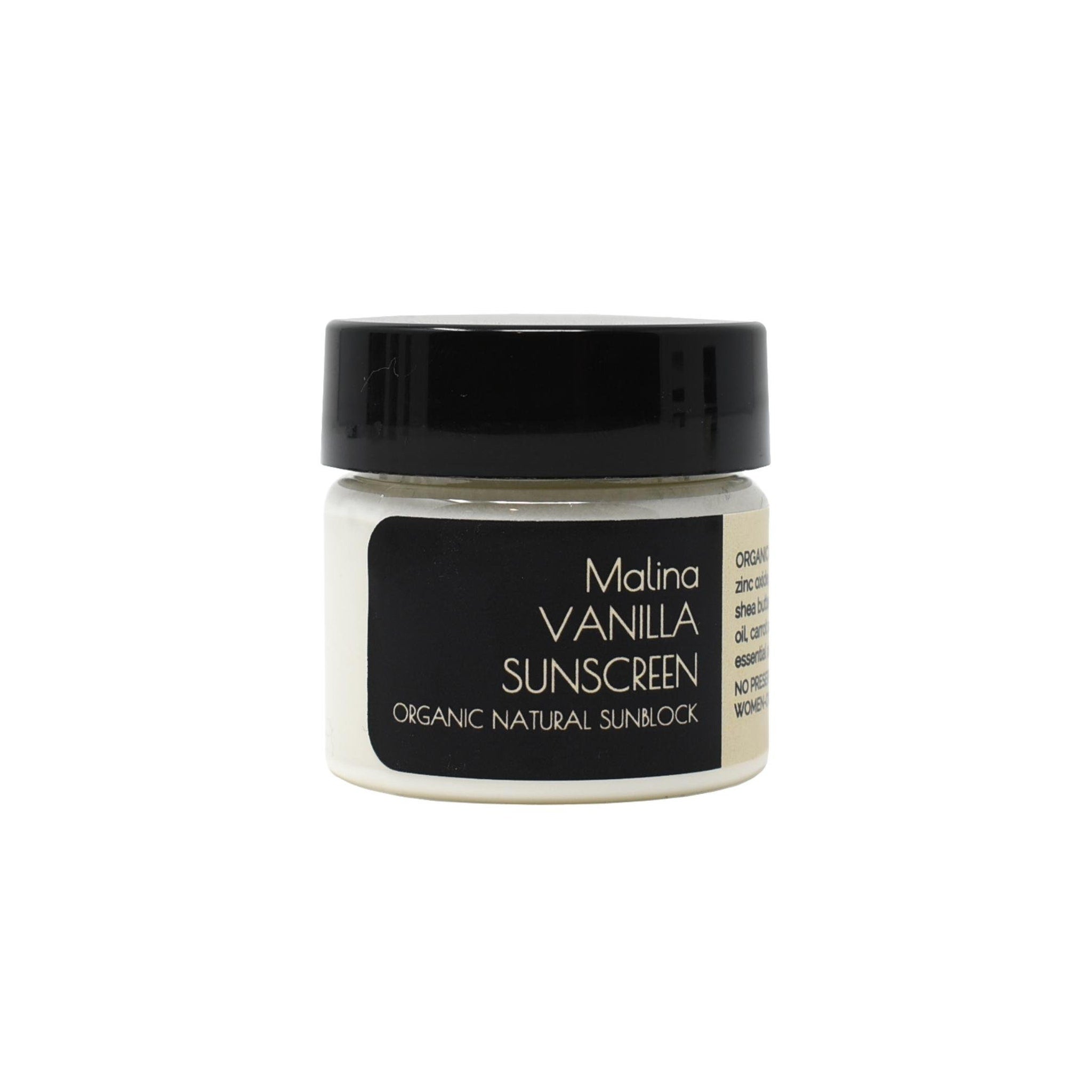 Sunscreen jar with black lid, white label, and text "Malina Vanilla Sunscreen