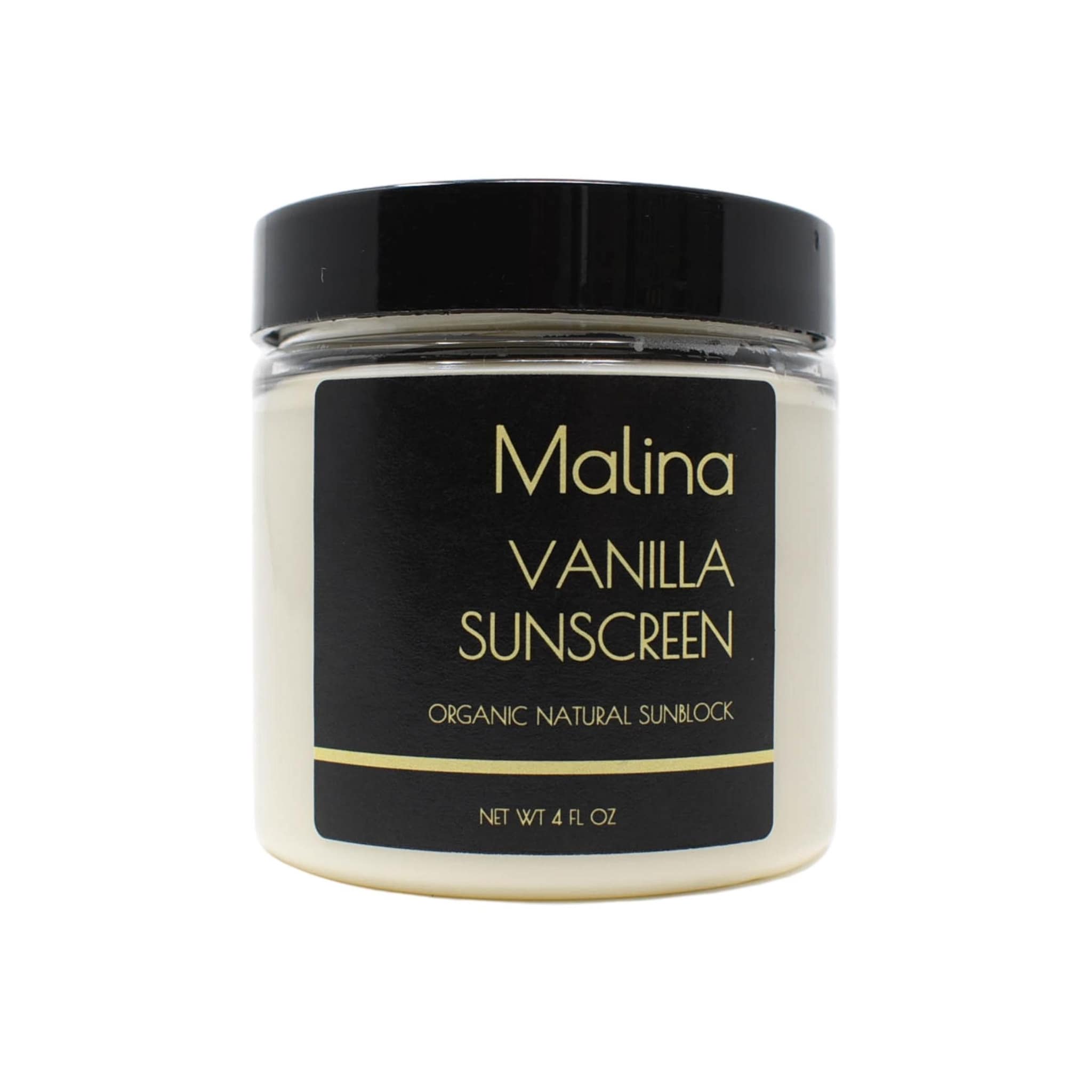 Vanilla sunscreen in a glass jar with black lid and label, Malina brand text