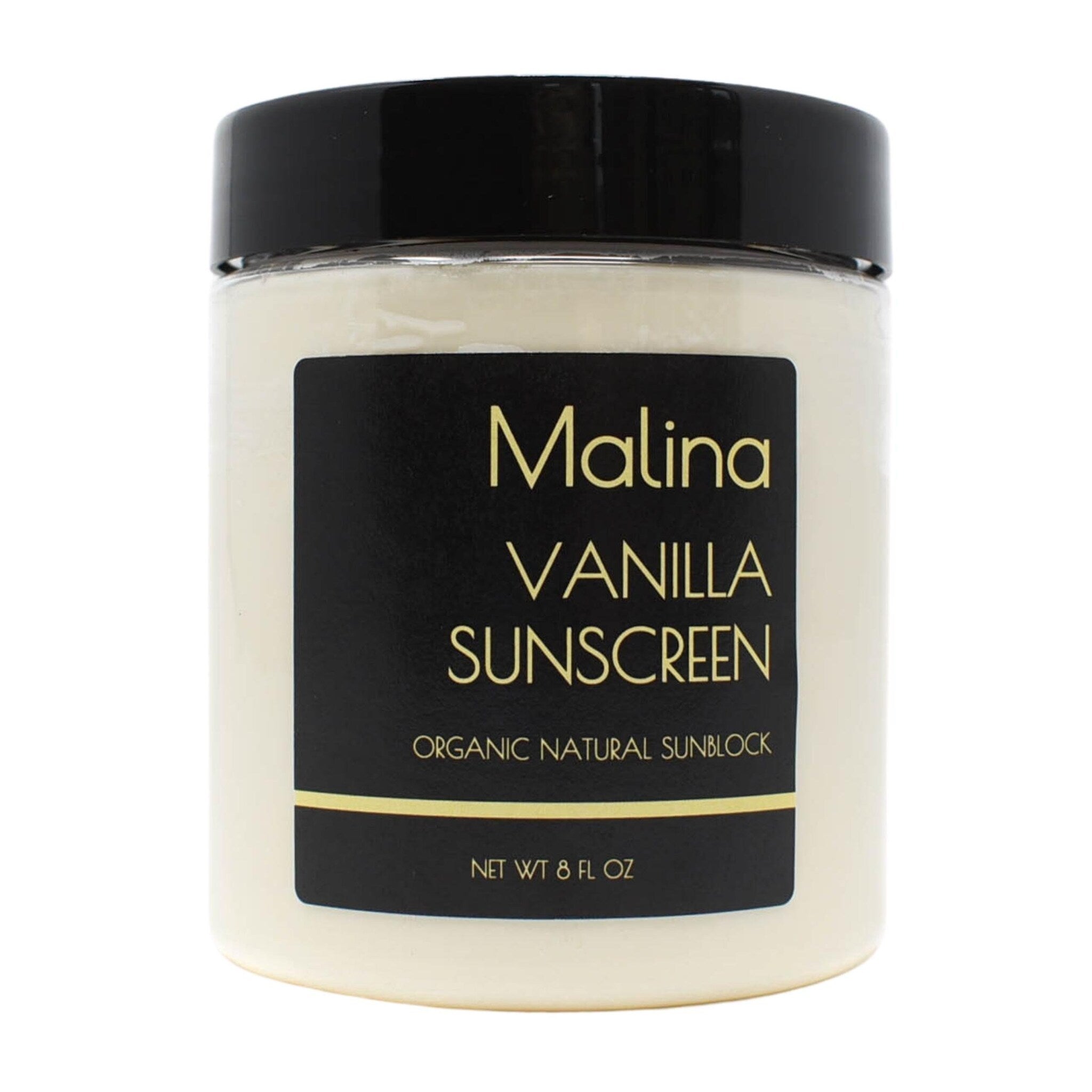 Vanilla sunscreen jar with black lid and label, Malina brand text visible