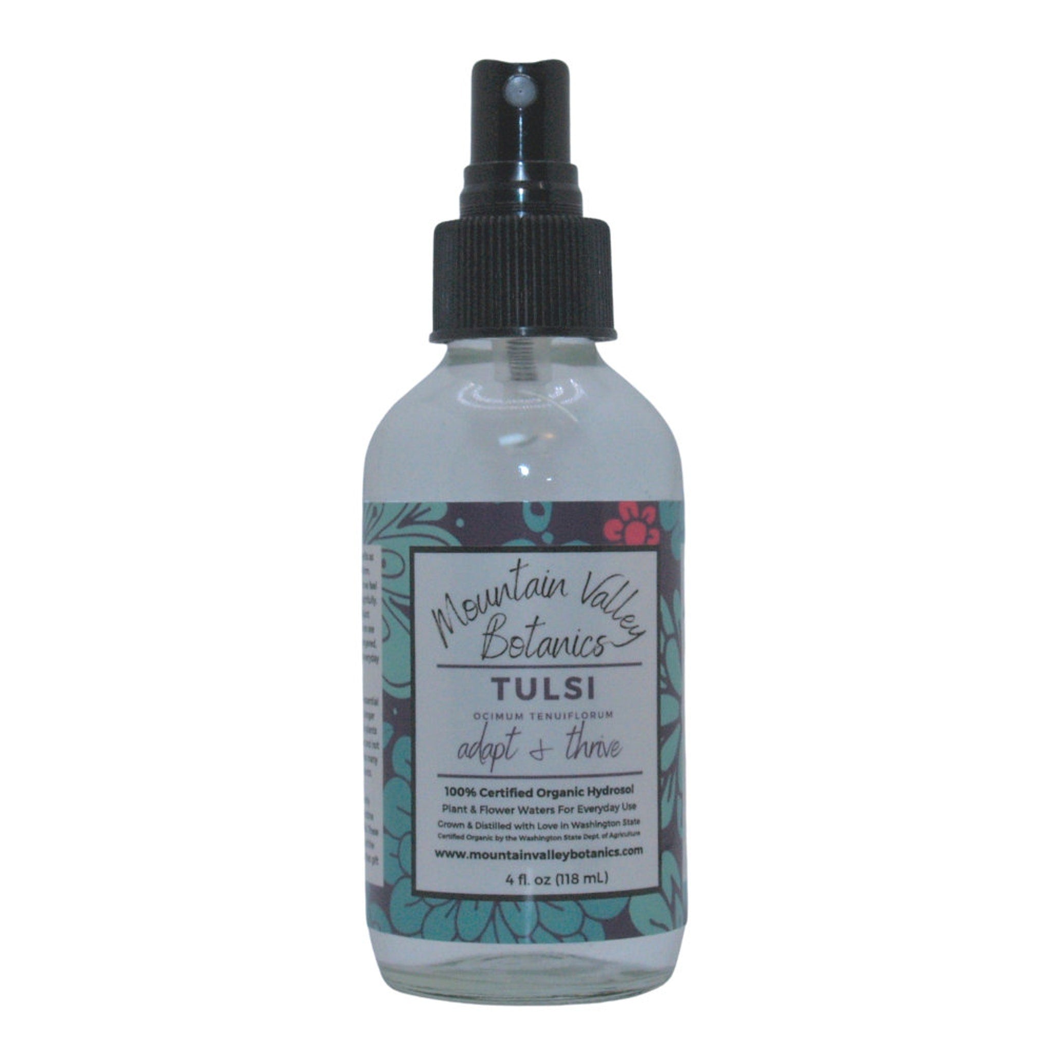 Tulsi hydrosol spray bottle, clear glass, black spray top, Mountain Valley Botanics label