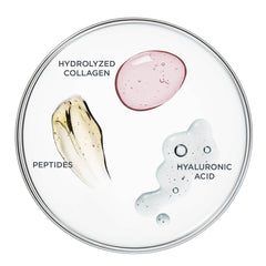 Skincare ingredients on a white background, with pink, yellow, and clear gel textures, and text labels