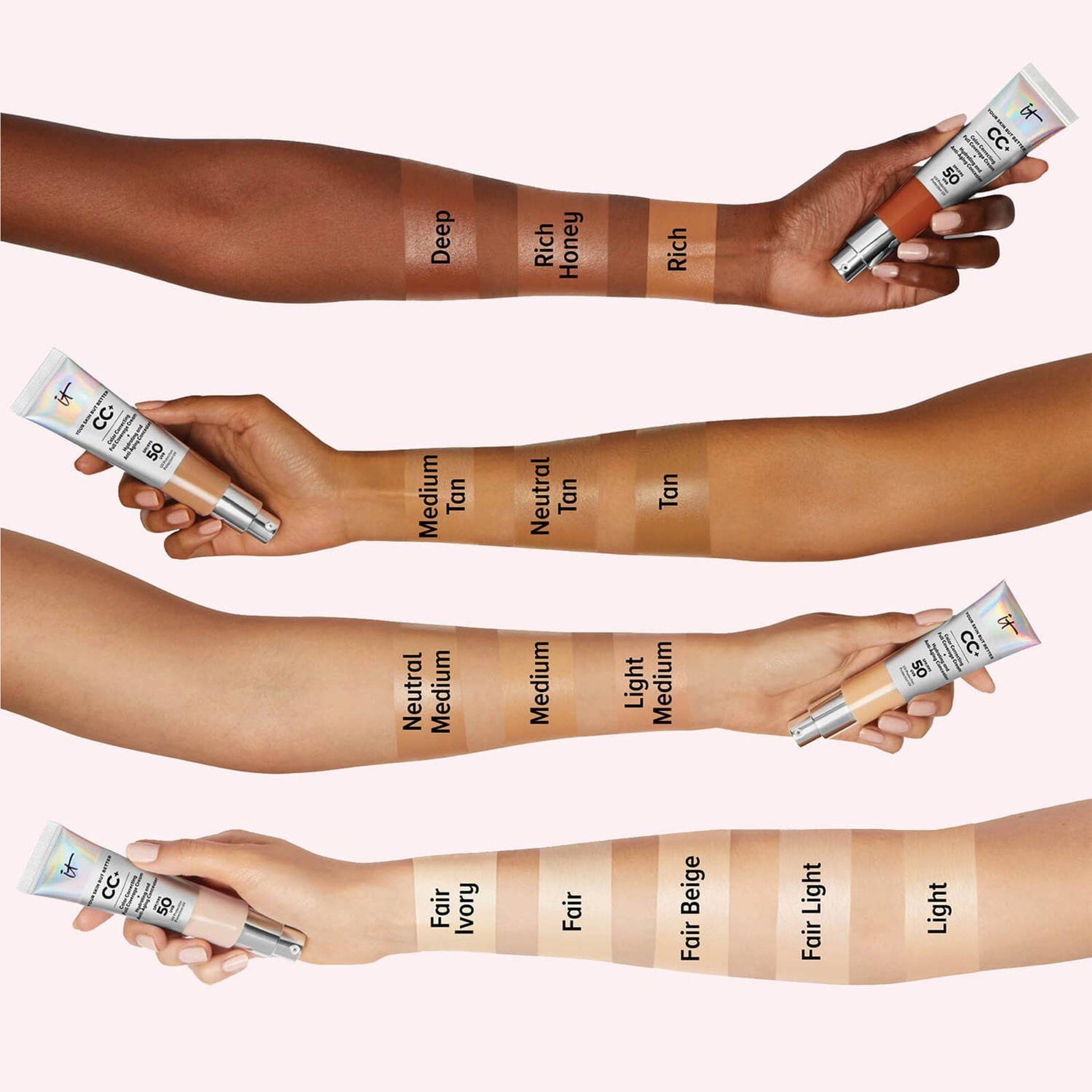 CC+ cream swatches on arms in various shades of beige, tan, and brown, with product tube visible