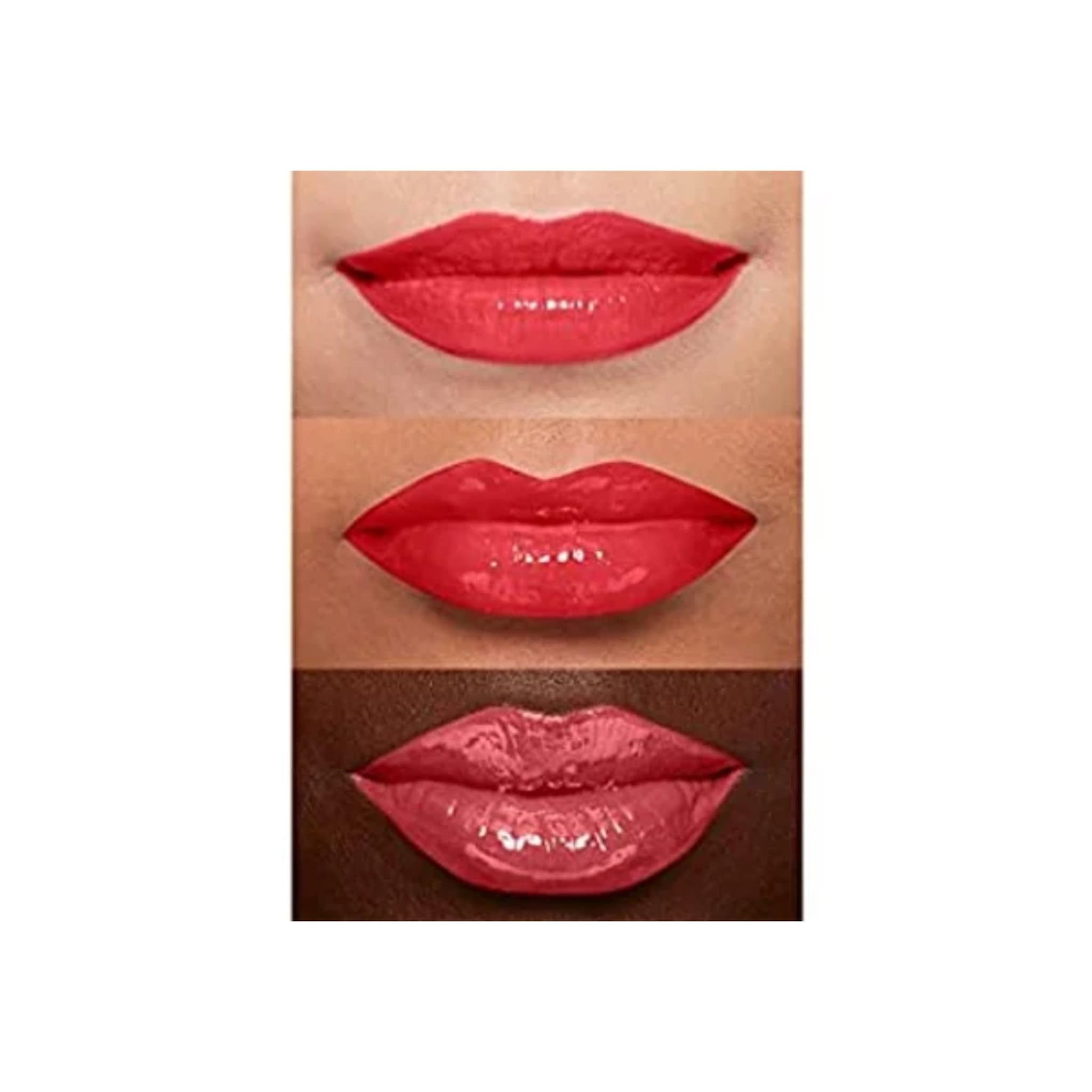 Lipstick swatches in red gloss, shown on different skin tones
