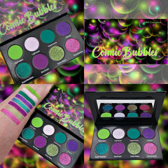 Close-up of vibrant pink and purple shimmery eyeshadows in circular pans with reflective finish