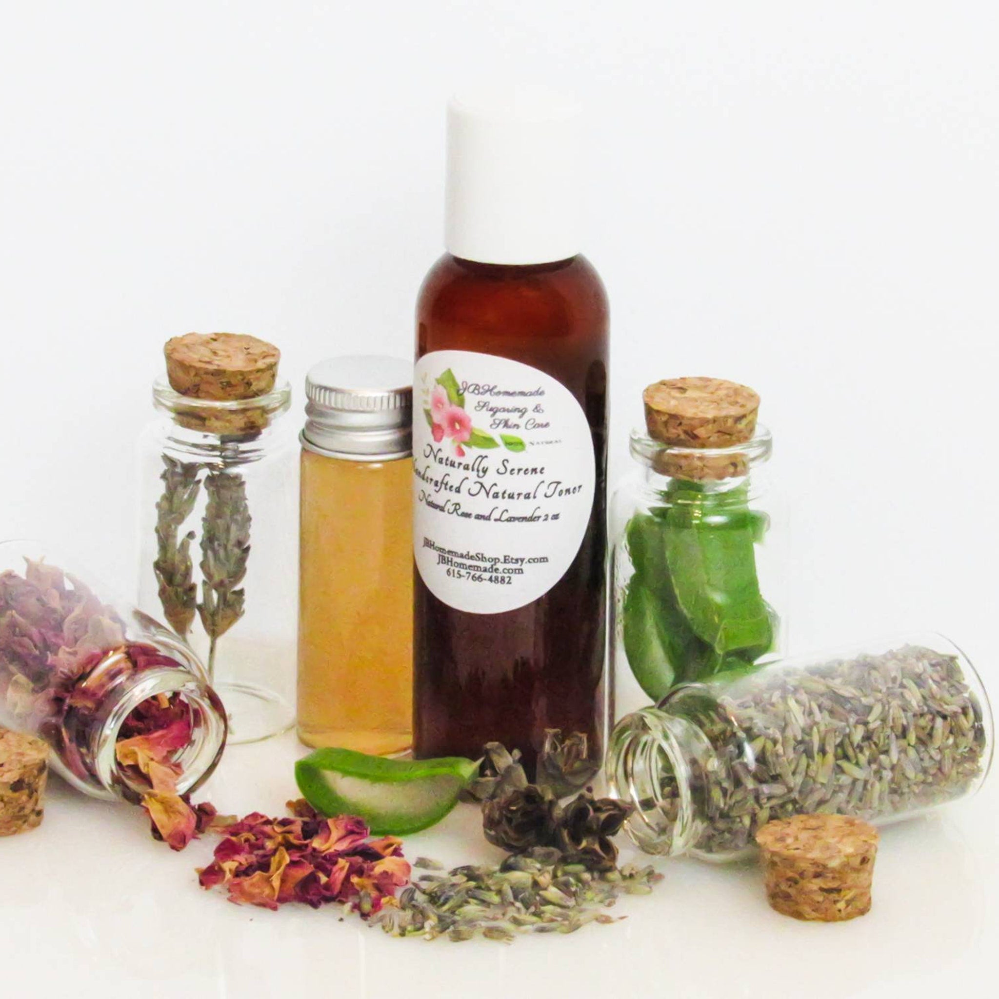 Toner bottle with white cap, brown liquid, and Naturally Serene label, surrounded by botanicals