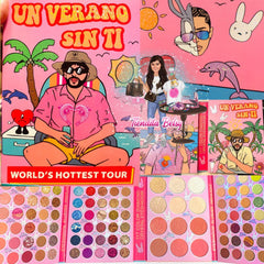 Bad Bunny Un Verano Sin Ti eyeshadow palette booklet featuring vibrant tropical colors in a compact flip-open design