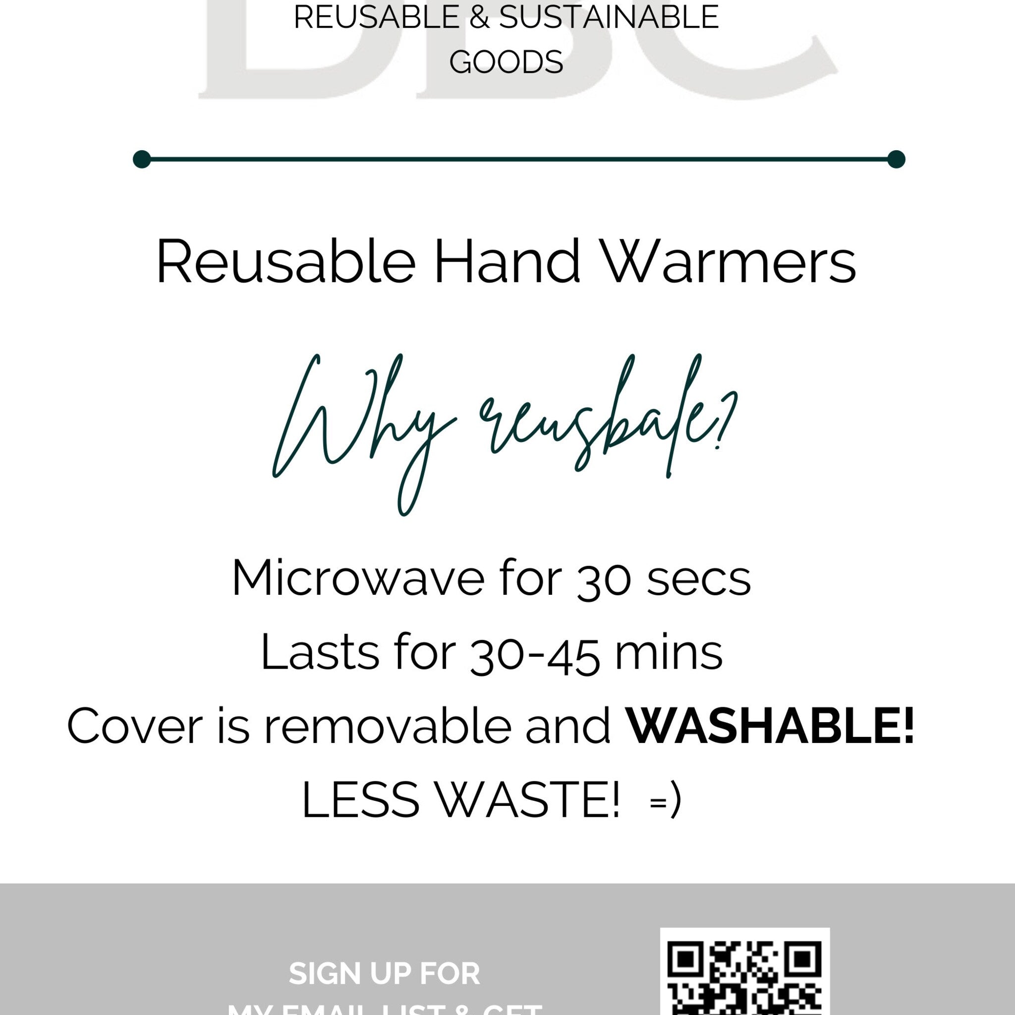 Reusable hand warmers information graphic with white background and black text, DBC brand