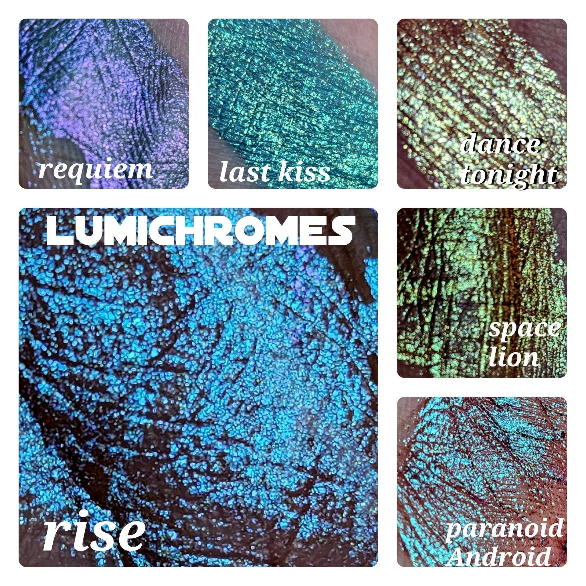 Makeup swatch with blue, green, and purple iridescent shimmer, Lumichromes text visible