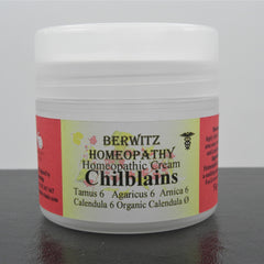 Chilblains Homeopathy Cream white plastic jar with red and yellow label, Berwitz Homeopathy brand