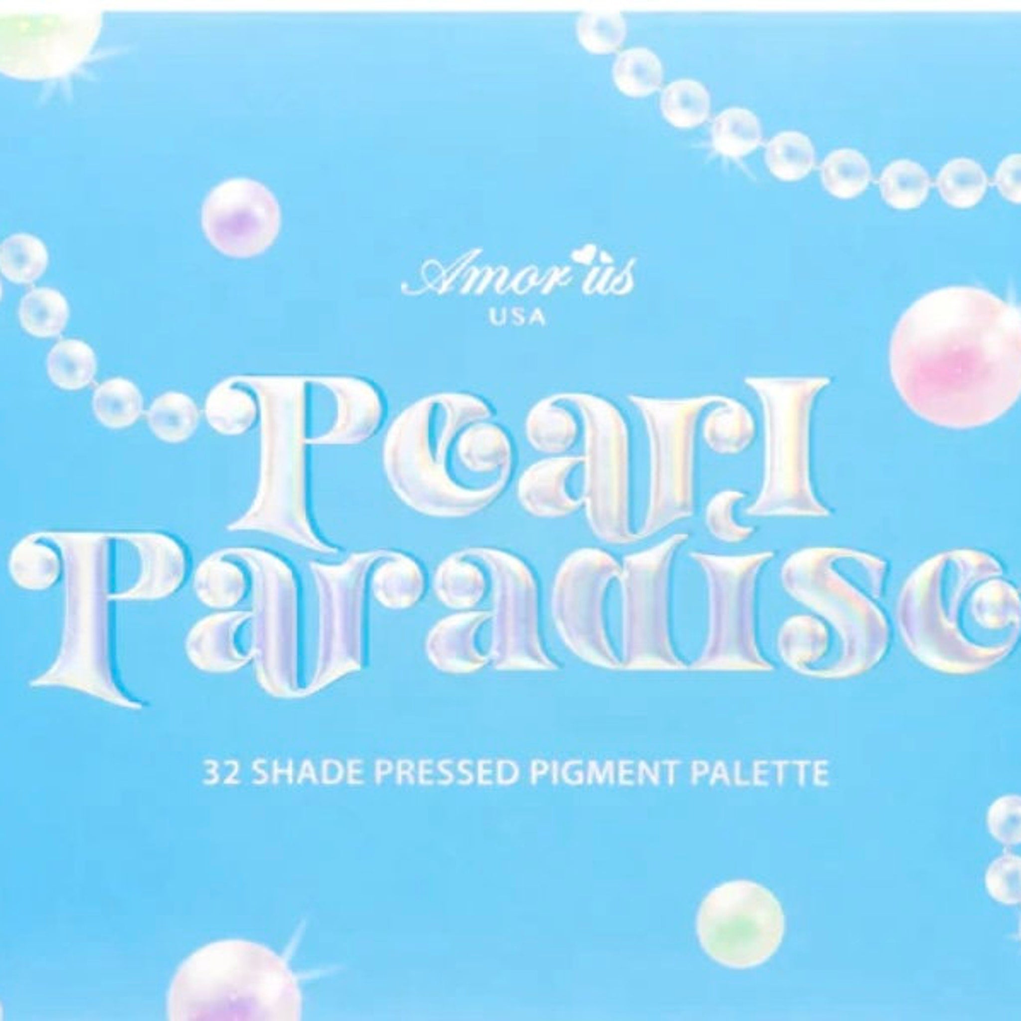 Side view of Pearl Paradise Eyeshadow Palette showing six pigmented shades in pearlized pinks and golds with mirrored compact