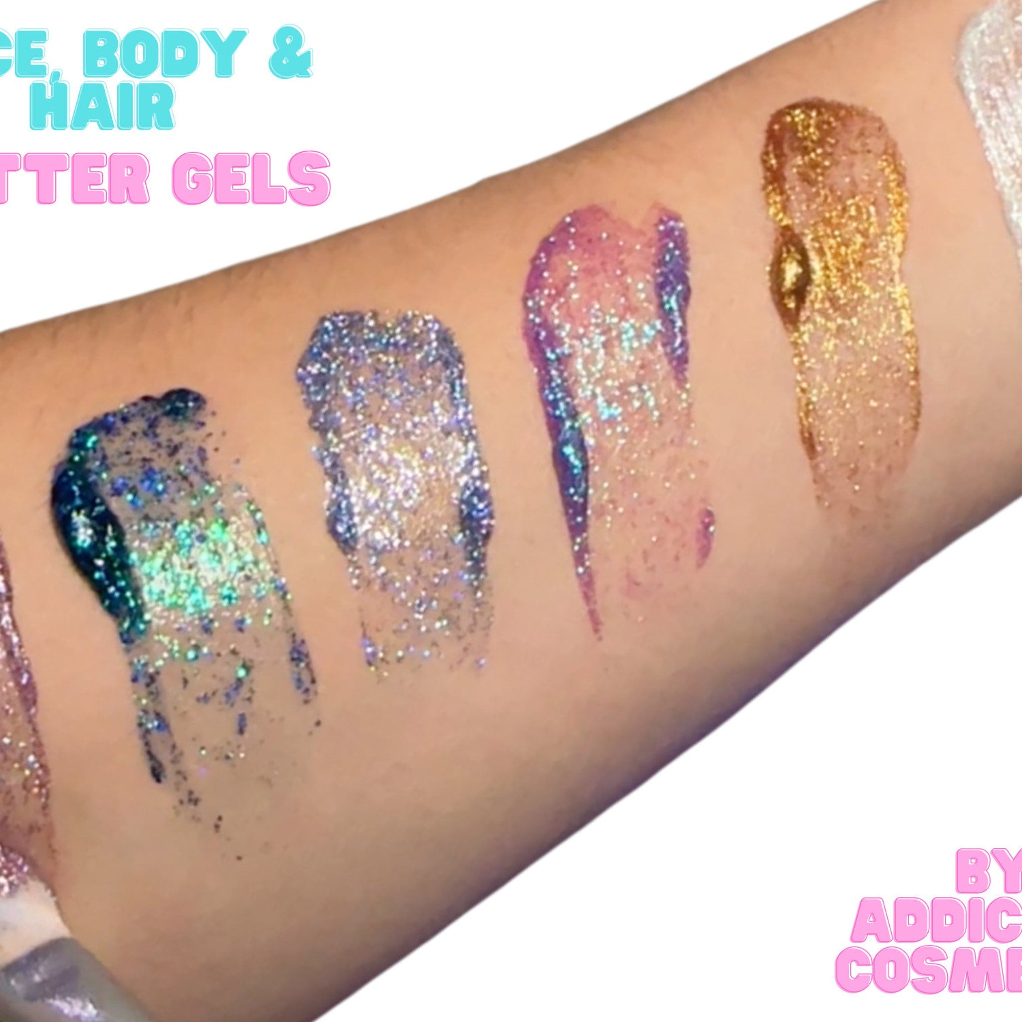 Side view of gold glitter gel pot showing creamy texture and reflective shimmer particles