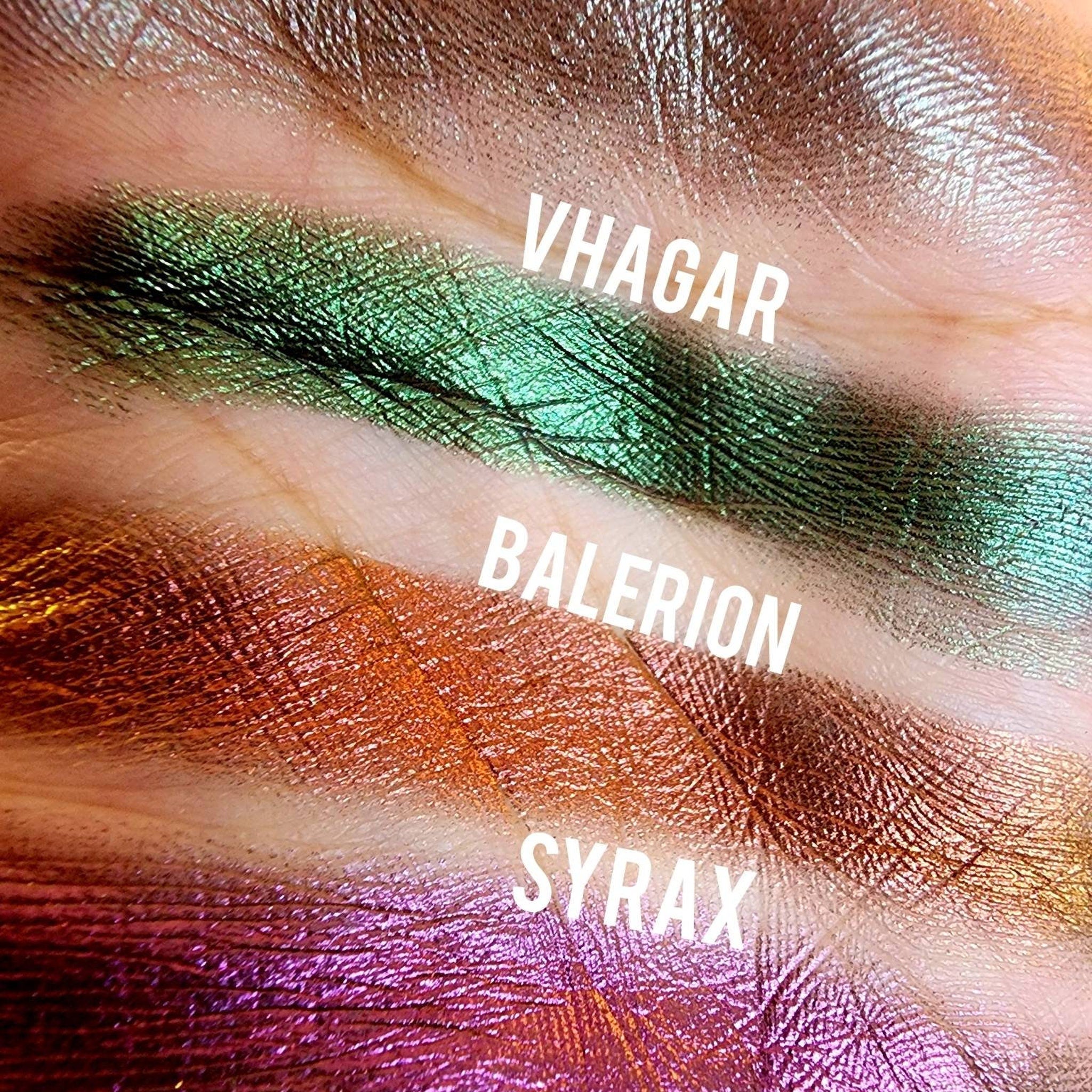 Eyeshadow swatches, metallic green, orange, and purple shades, with "Vhagar", "Balerion", and "Syrax" text