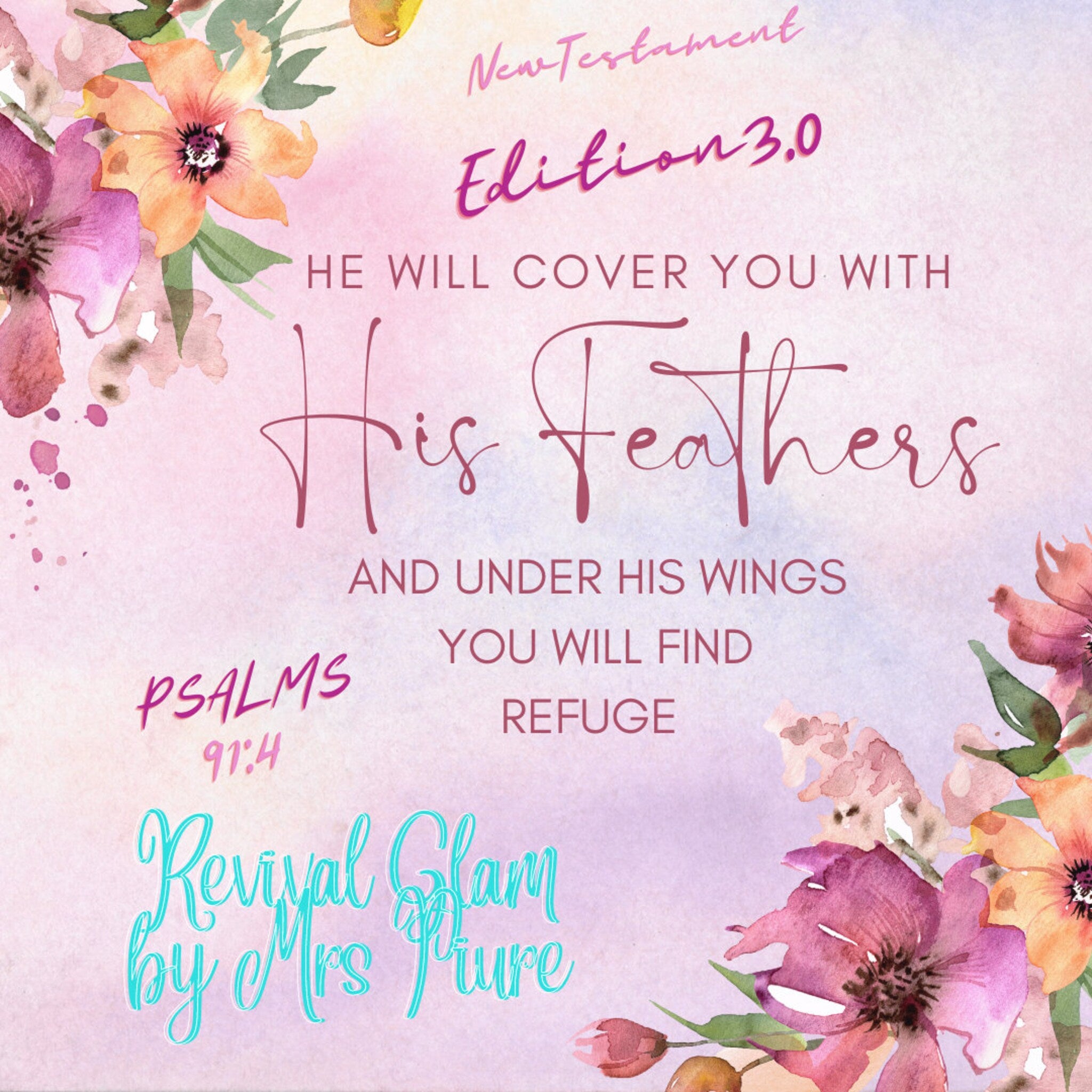 Watercolor floral art with pink, orange, and purple flowers, script text, and Revival Glam brand name