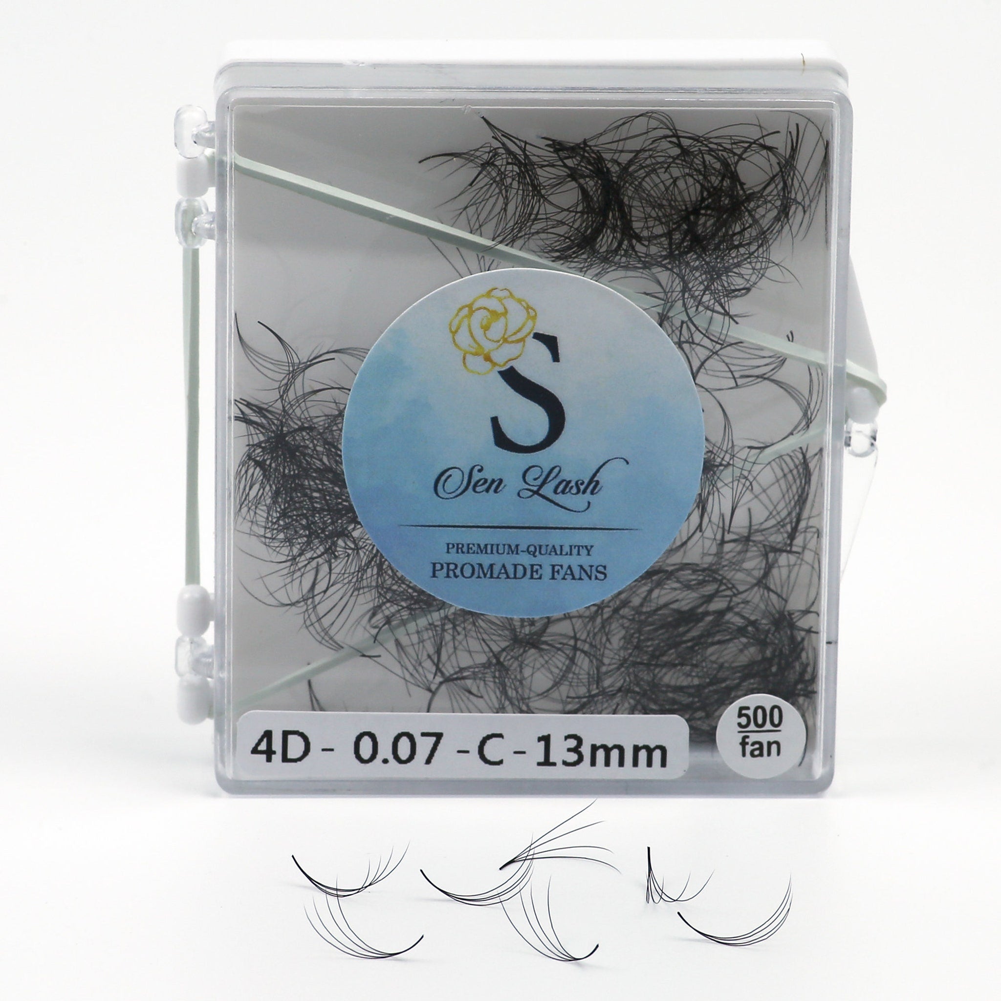 Promade fans in clear case, black lashes, Sen Lash branding visible, 500 fan count