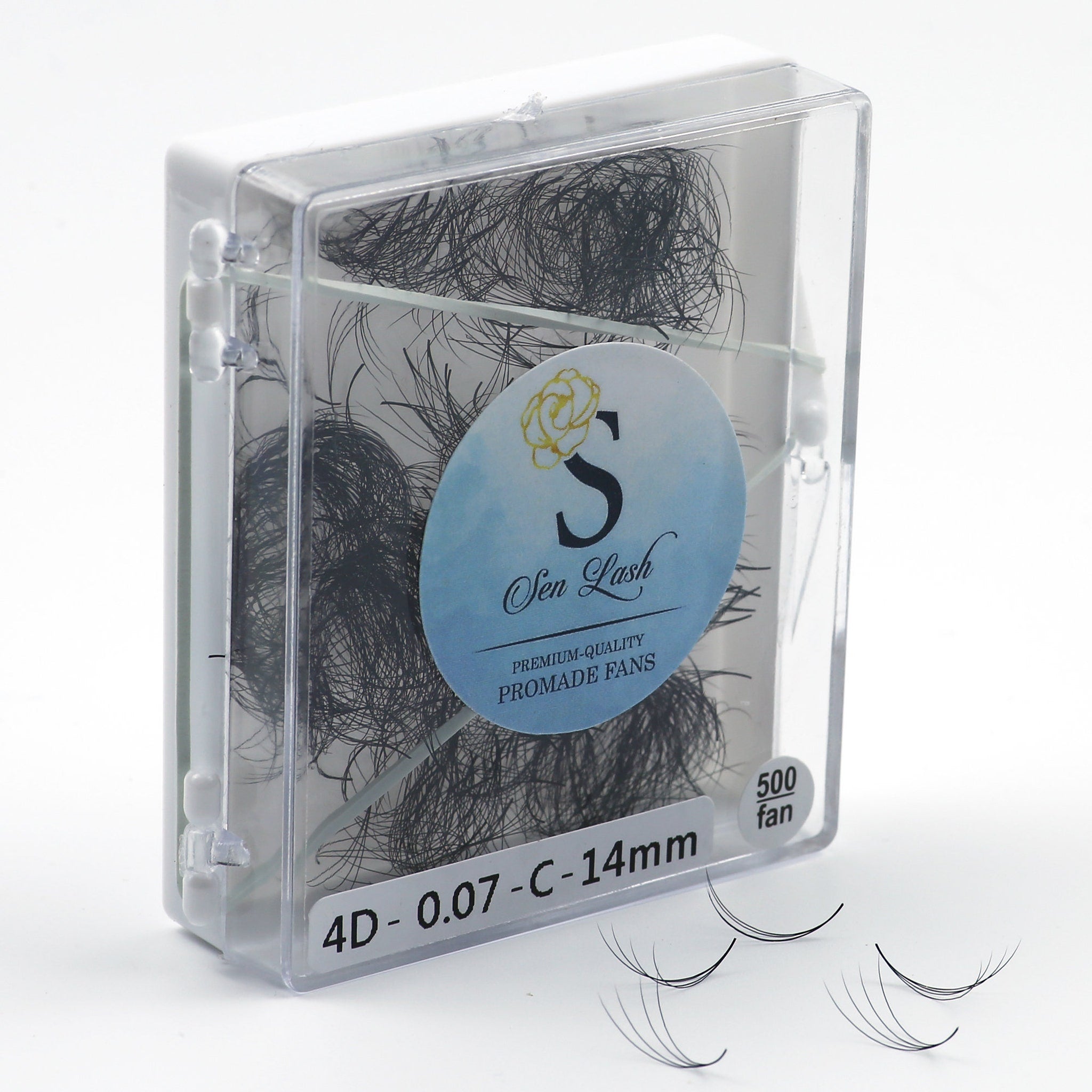 Eyelash extensions in clear plastic case with black lashes, Sen Lash label, and 500 fan count
