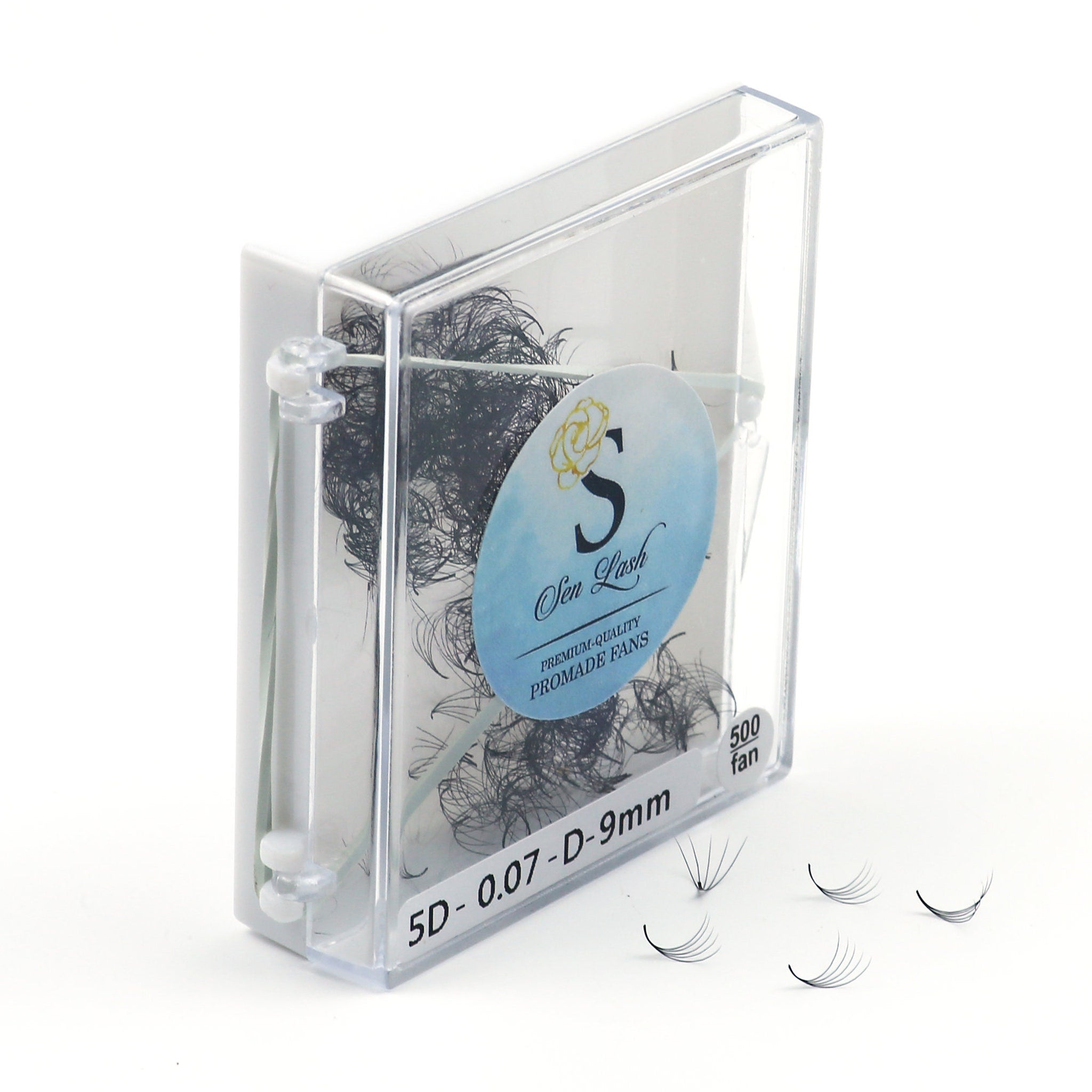 Eyelash extensions in clear plastic case, black lashes, Sen Lash label visible, 500 fan count