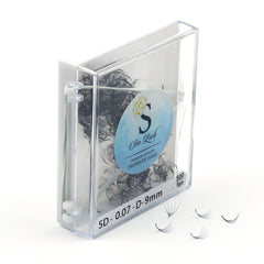 Eyelash extensions in clear plastic case, black lashes, Sen Lash label visible, 500 fan count
