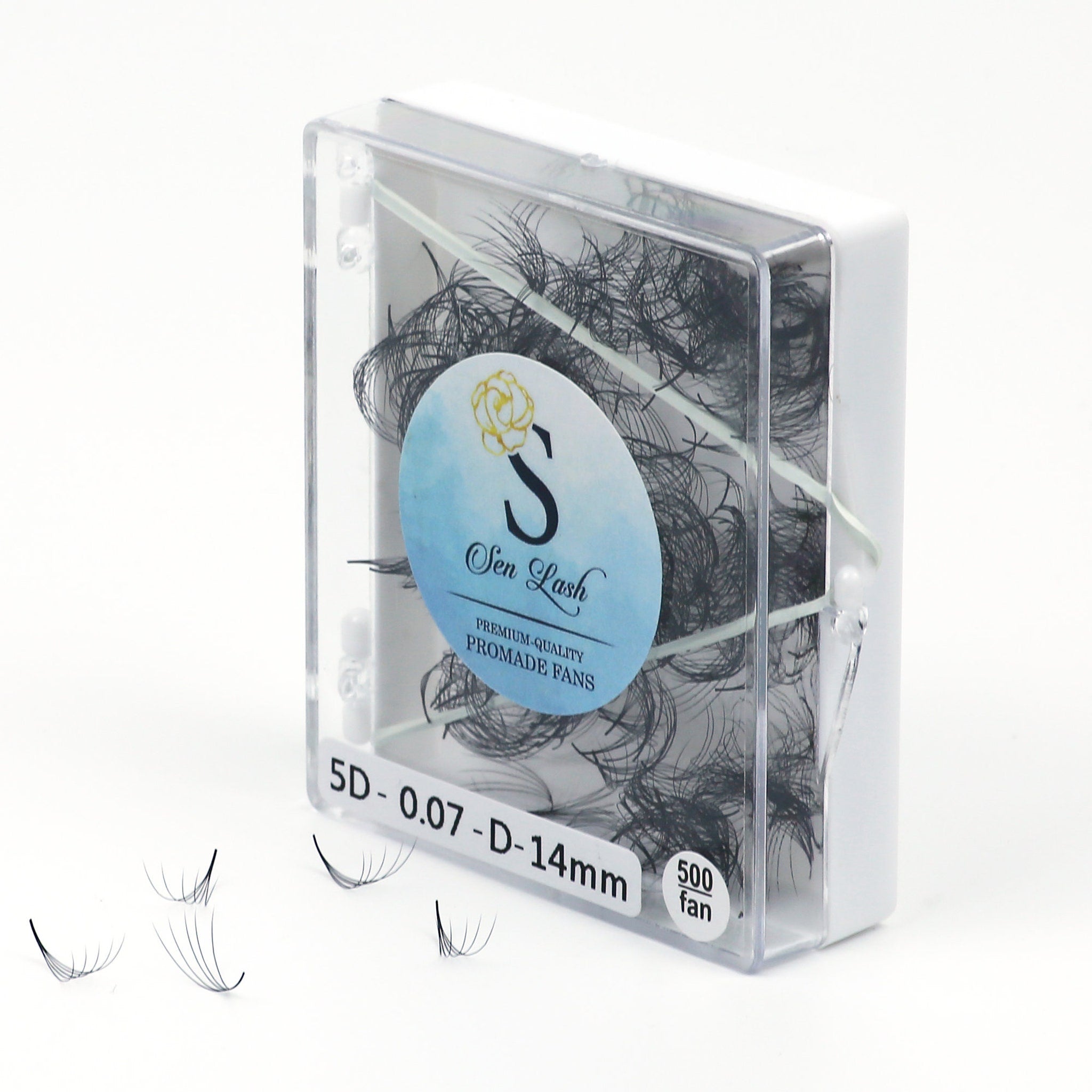 Eyelash extensions in clear plastic case with black lashes and Sen Lash label