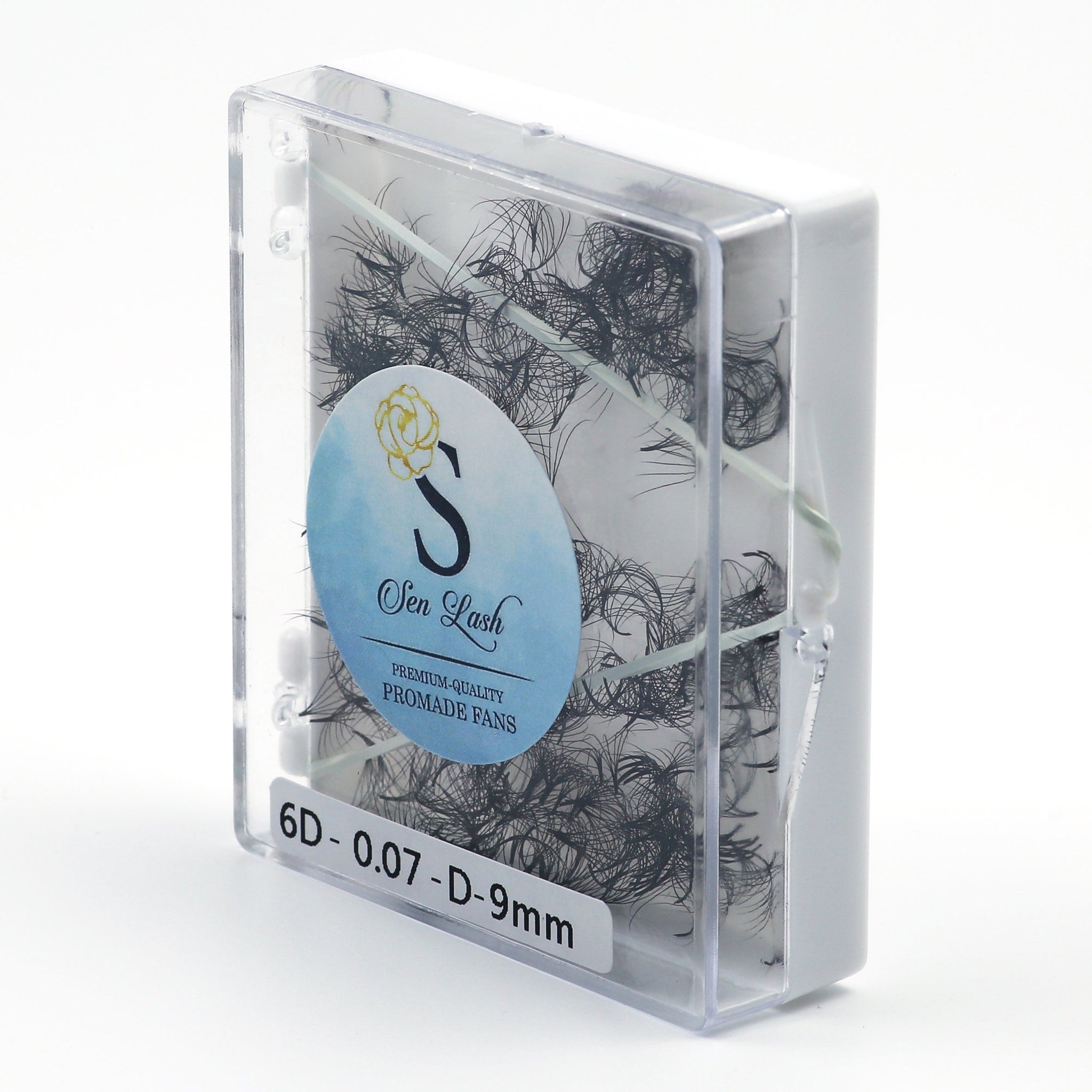 Promade fans in clear plastic case with white trim and Sen Lash label