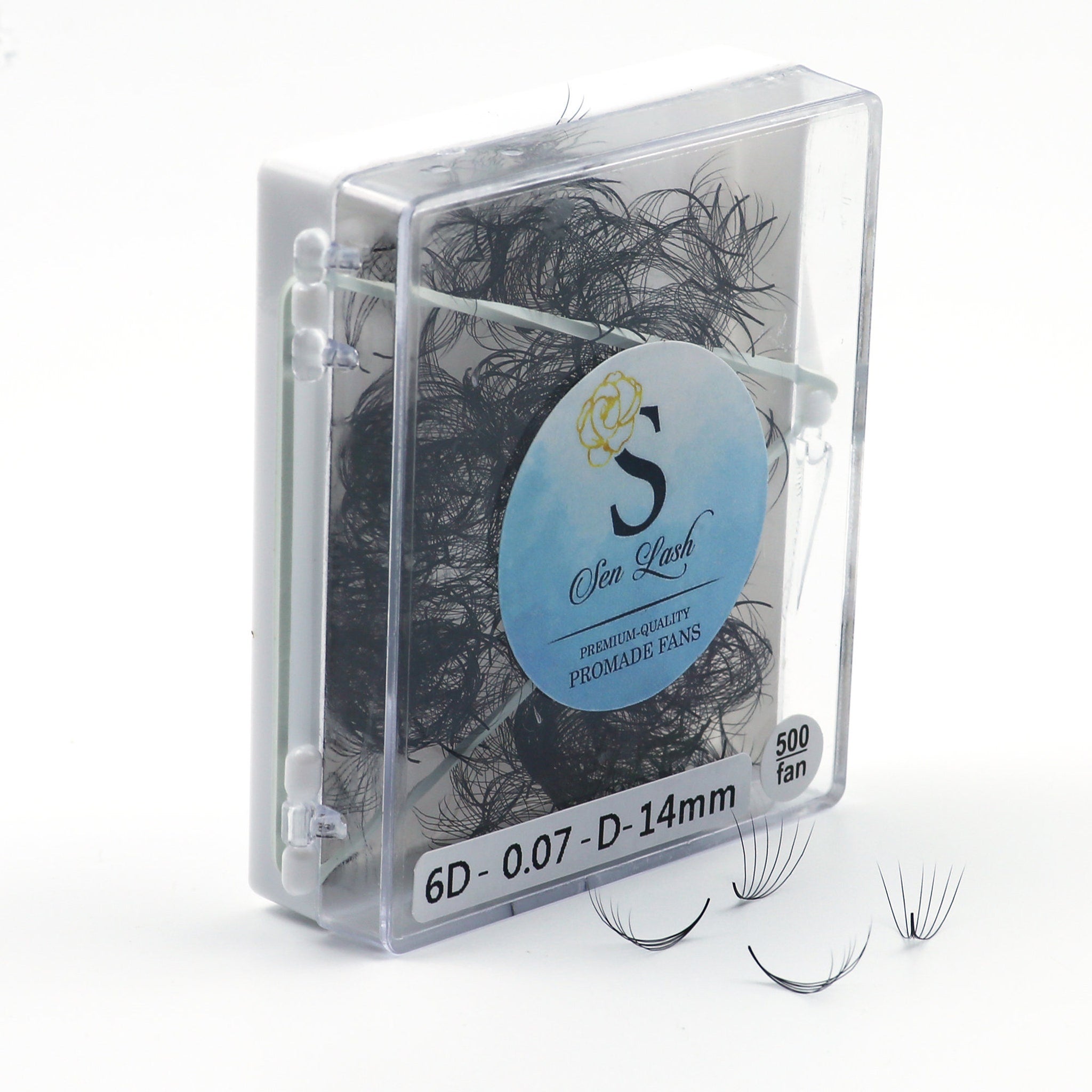 Eyelash extensions in clear plastic case with black lashes and Sen Lash logo visible