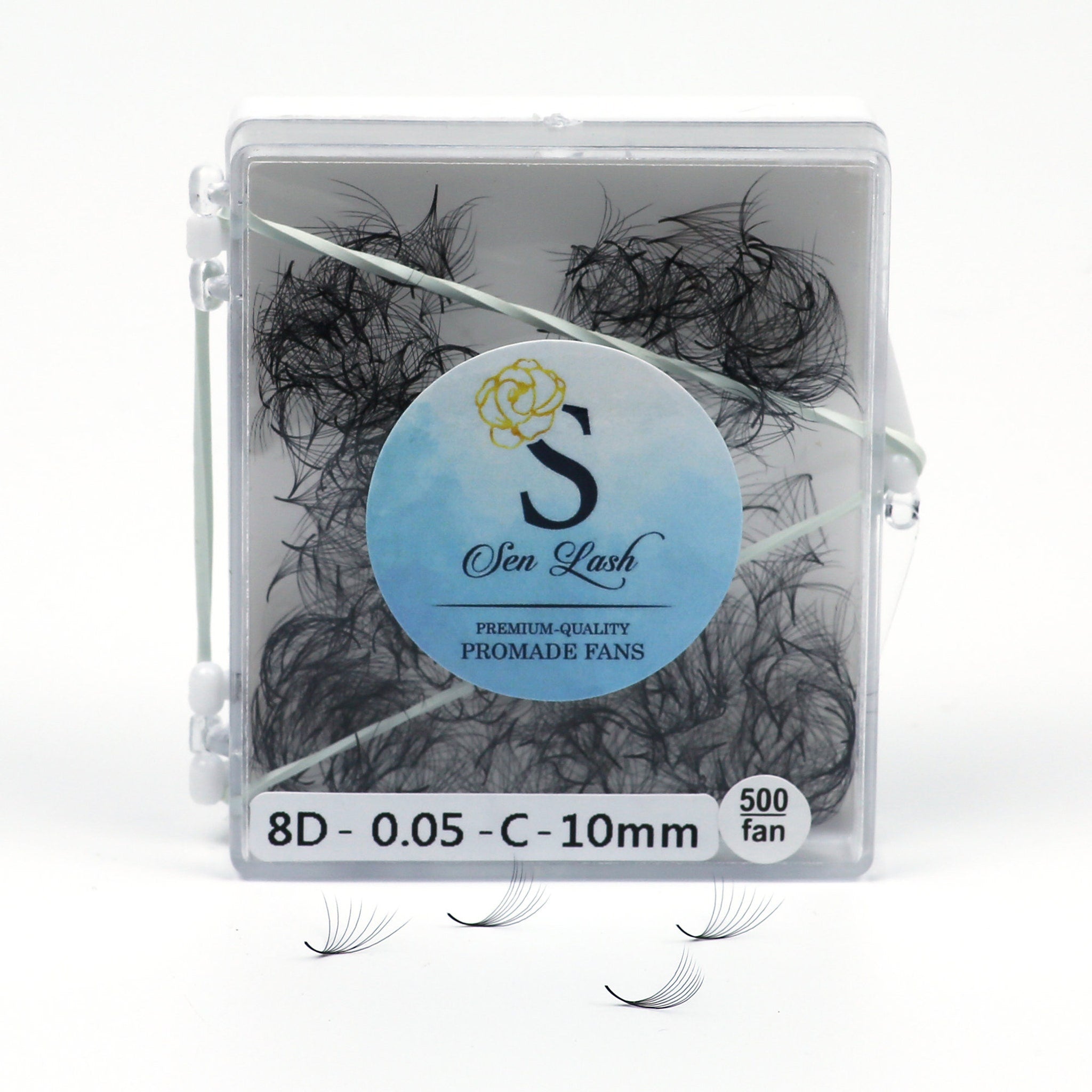 Promade fans in clear case with black lashes and Sen Lash label