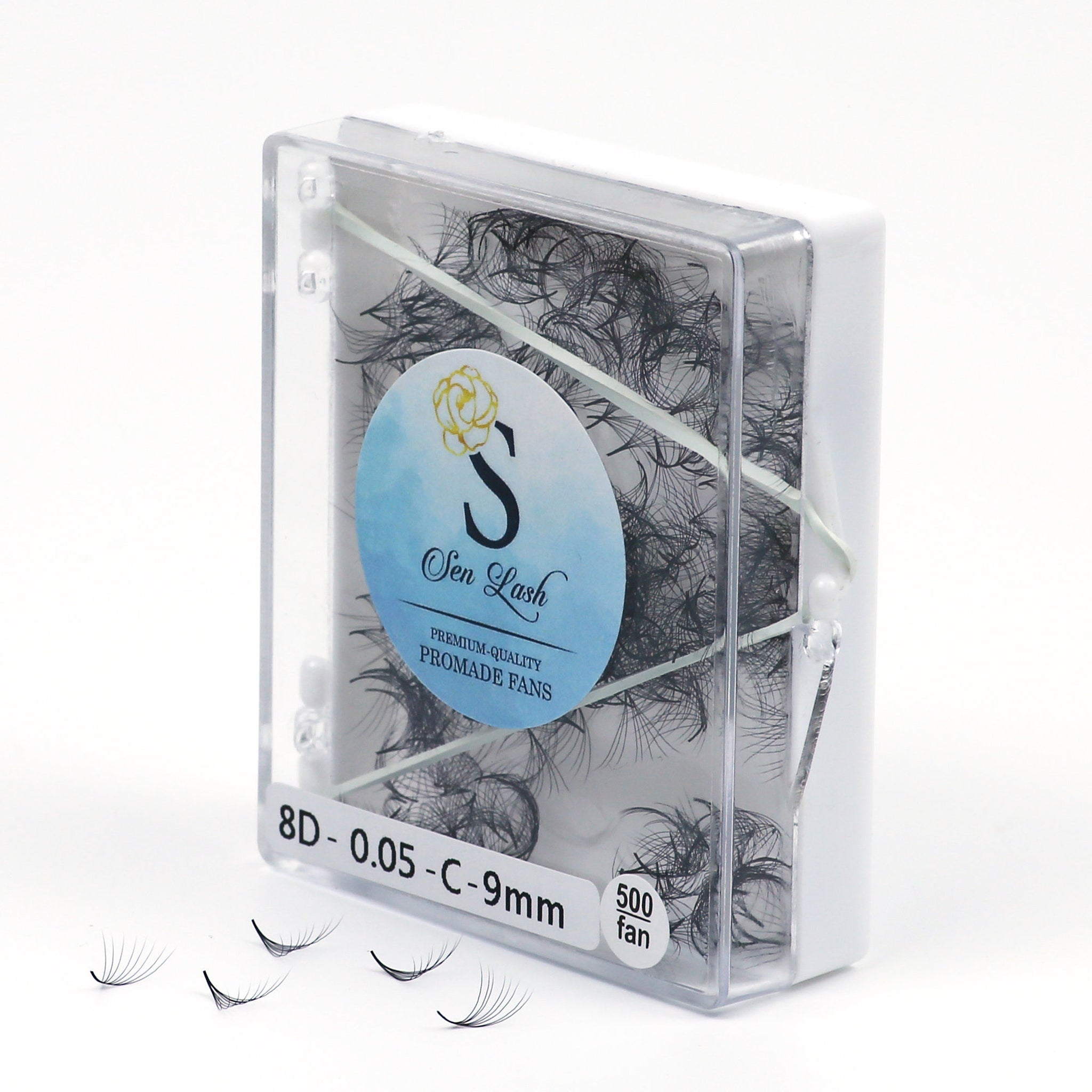 Eyelash extensions in a clear plastic case with white accents and Sen Lash branding