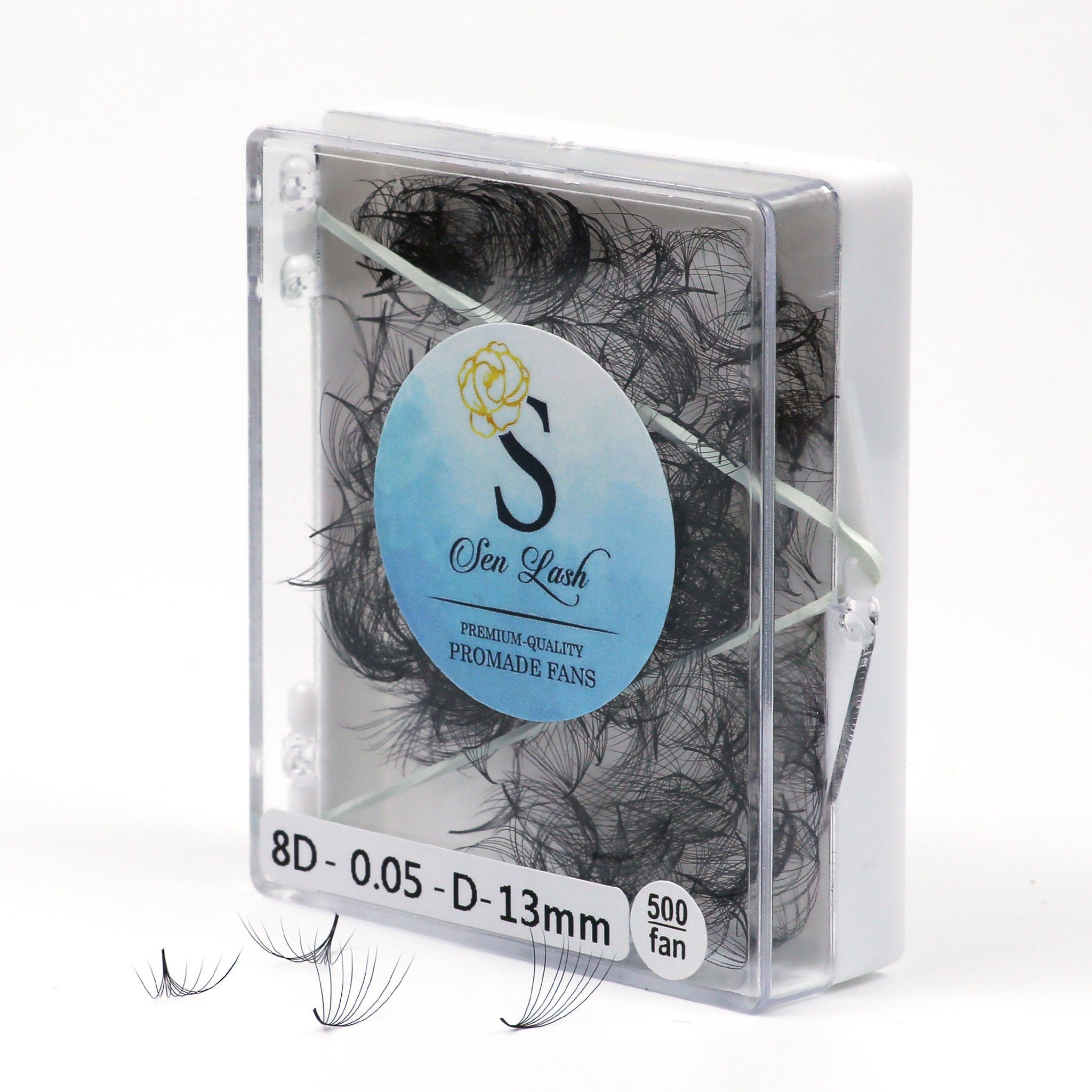Promade fans, black synthetic material, clear plastic case, Sen Lash brand name visible