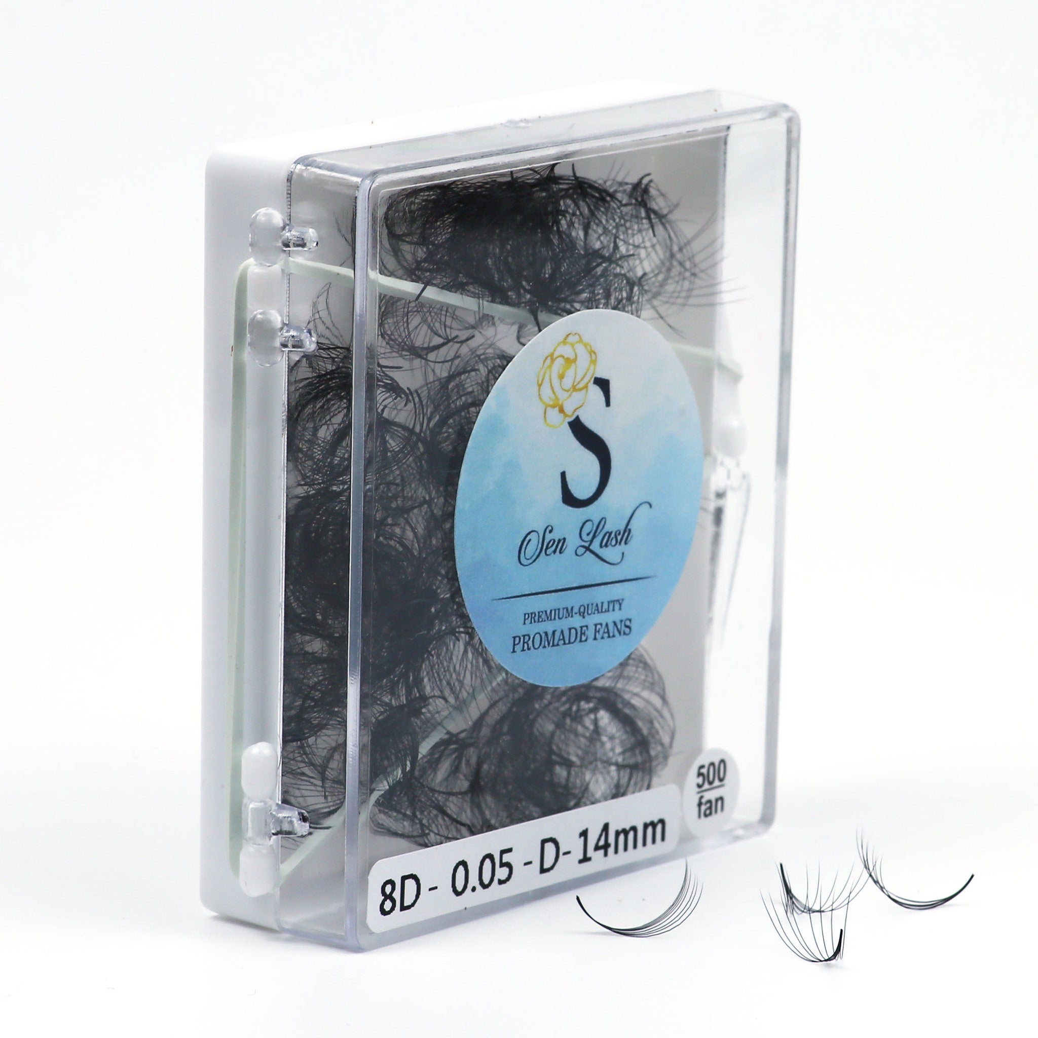 Eyelash extensions in a clear plastic case with black lashes and Sen Lash branding