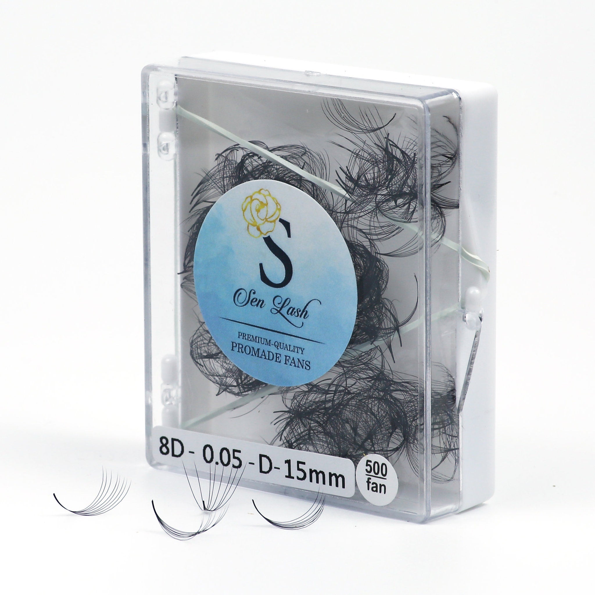 Eyelash extensions in clear plastic case, black strands, Sen Lash brand label visible