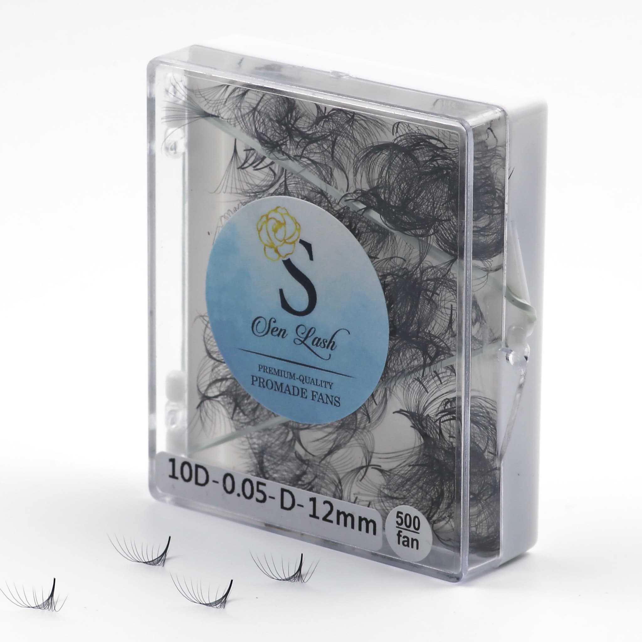 Premade eyelash fans, black synthetic fiber, in a clear plastic case, Sen Lash label visible