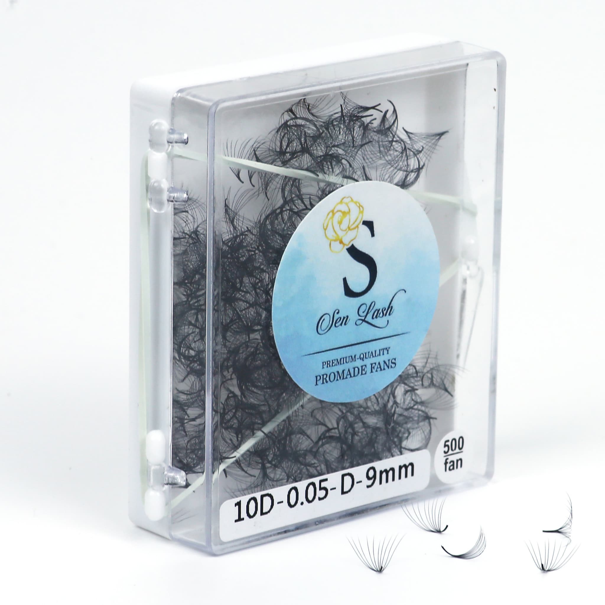 Promade fans in clear plastic case with black lashes, Sen Lash branding and white background