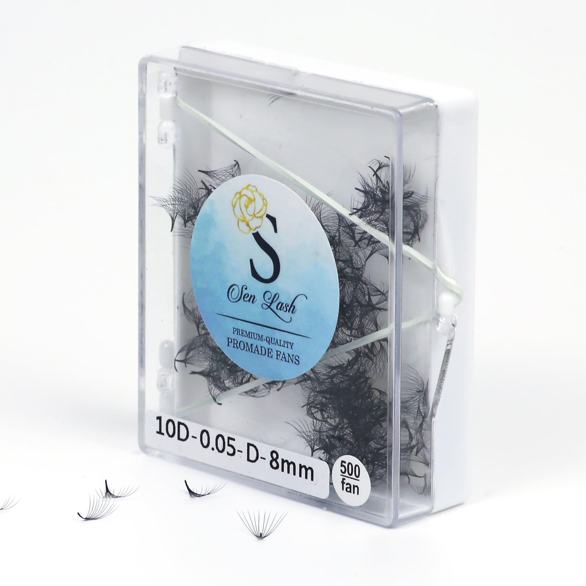 Eyelash extensions in clear plastic box with white lid, black lashes, Sen Lash branding visible