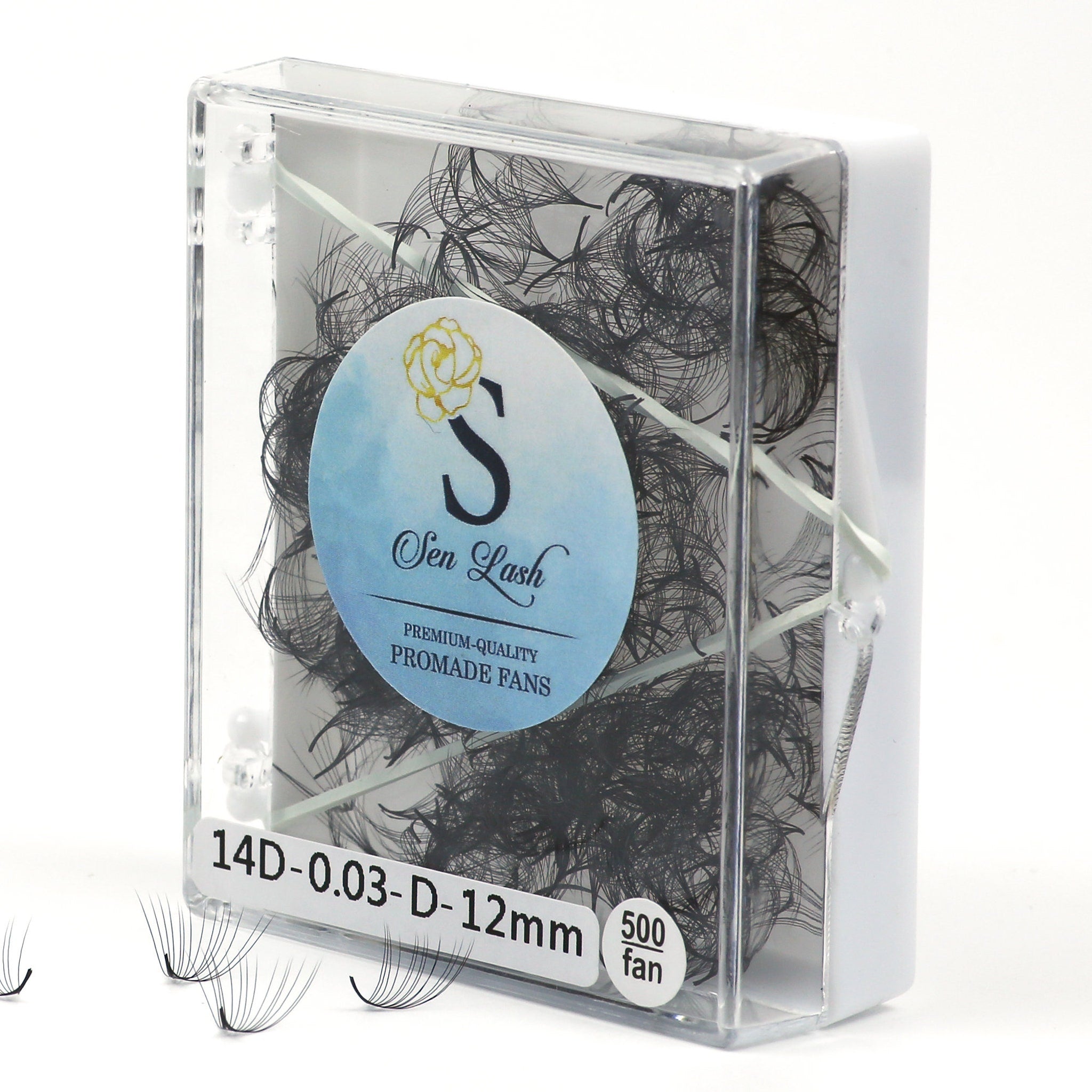 Promade eyelash fans in a clear plastic case with white accents and Sen Lash logo