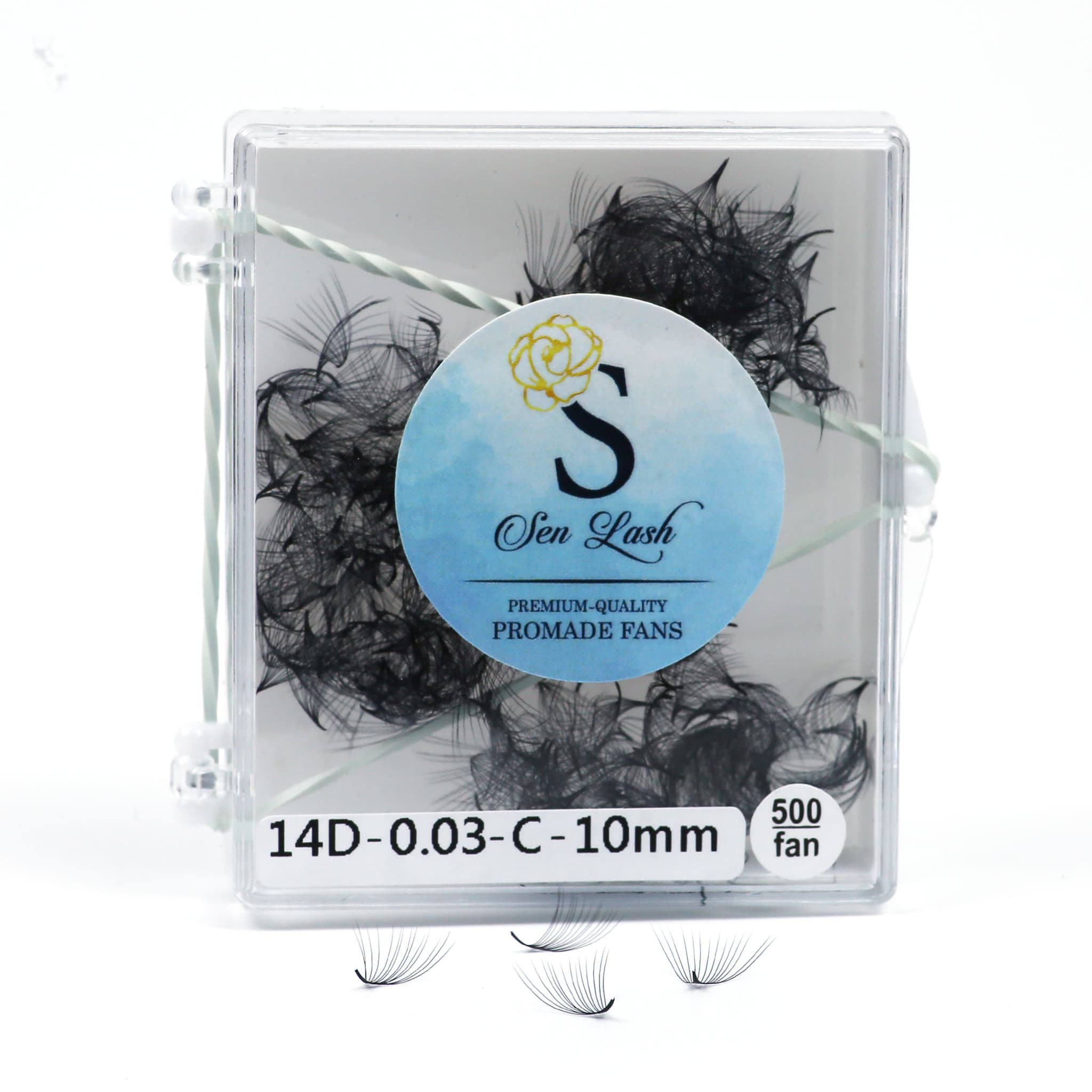 Black eyelash extensions in clear plastic case with Sen Lash branding and text label