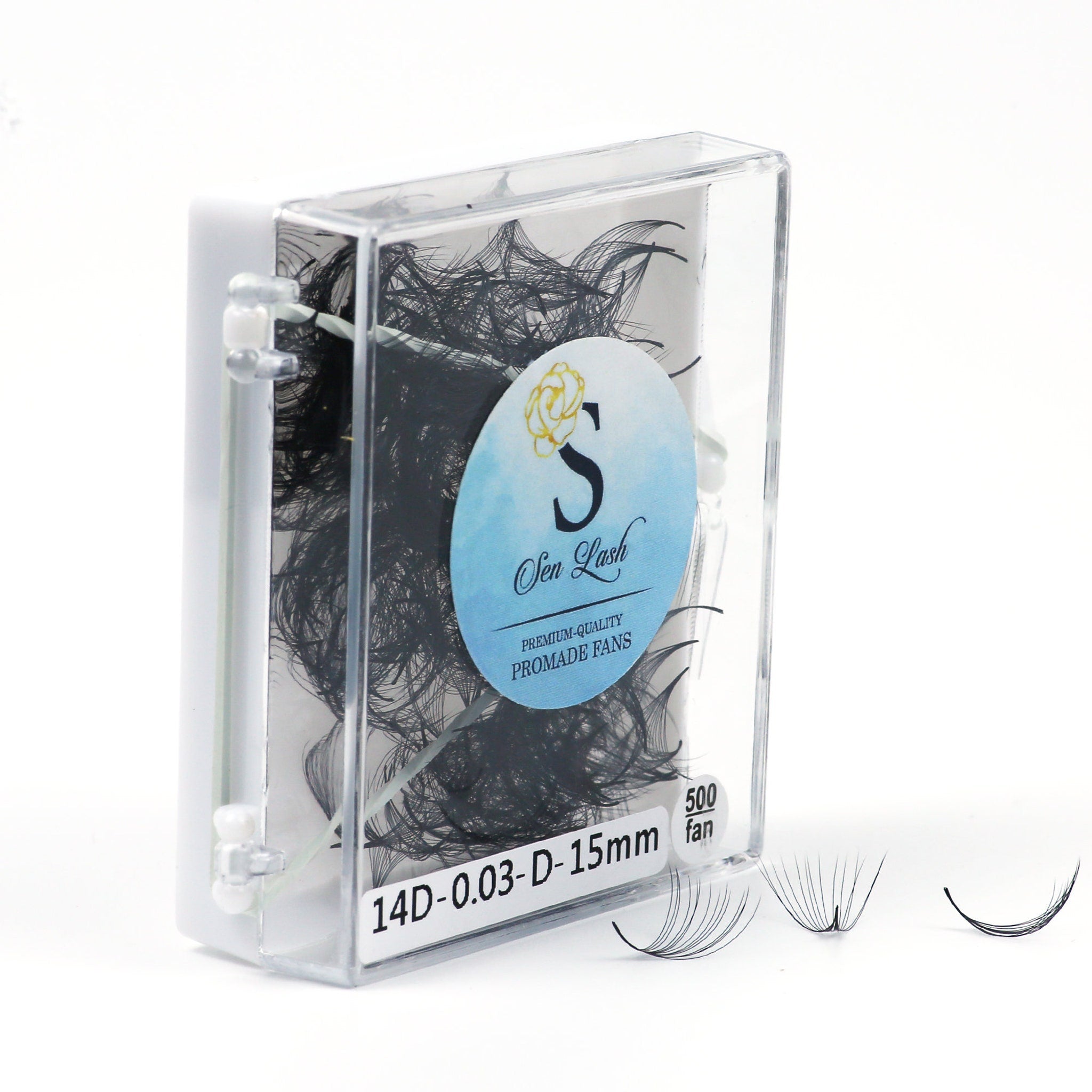 Eyelash extensions in clear plastic case with black lashes, Sen Lash branding, and 500 fan count