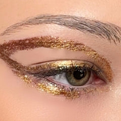 Gold glitter gel pot with aloe vera, shown open to display creamy vegan formula for eyes, face, and body