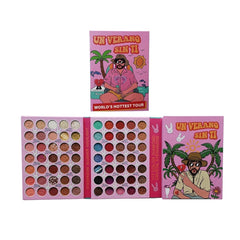 Side view of Bad Bunny eyeshadow palette booklet showing vibrant tropical color gradient and glossy cover texture