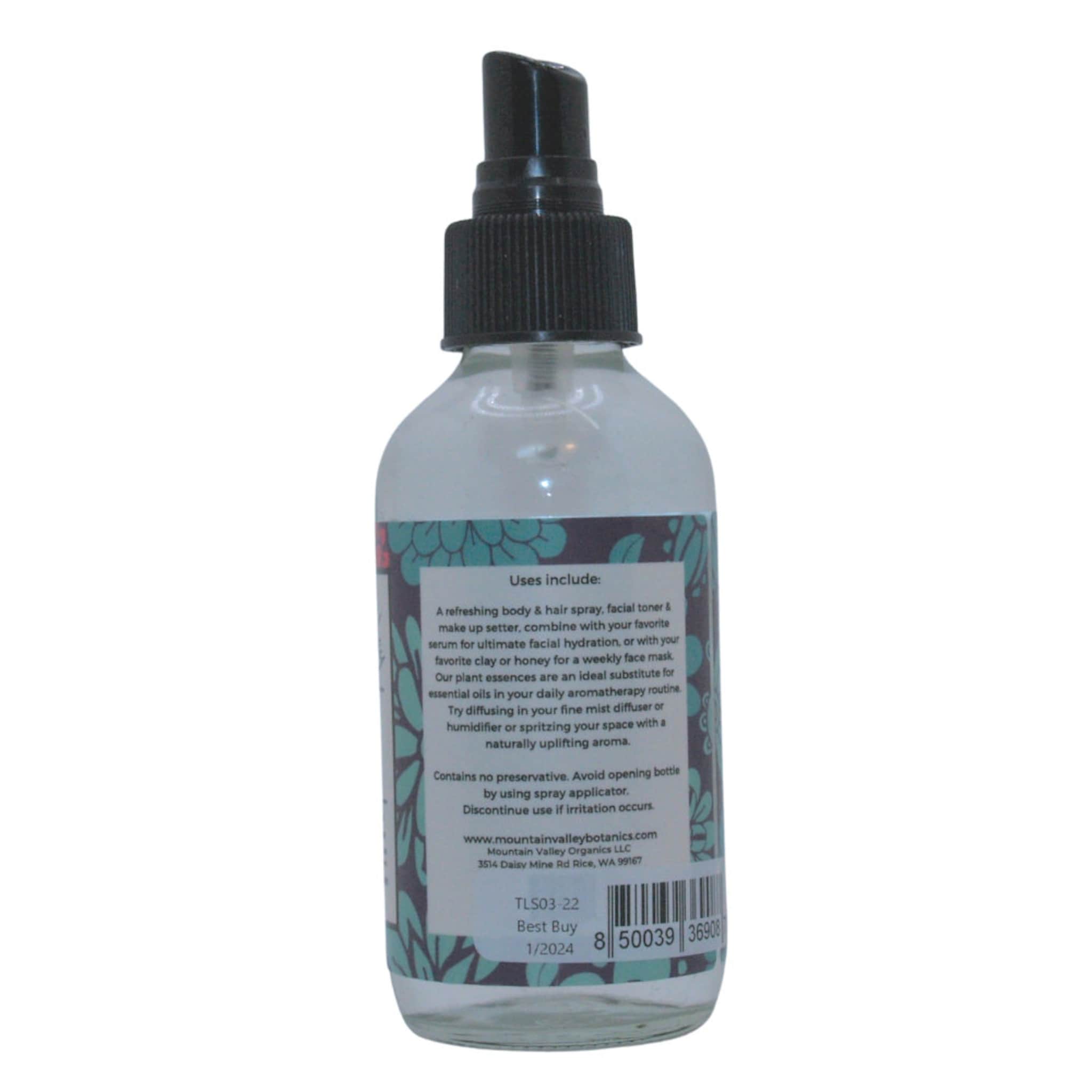 Spray bottle with black nozzle, clear glass, and Mountain Valley Botanics label