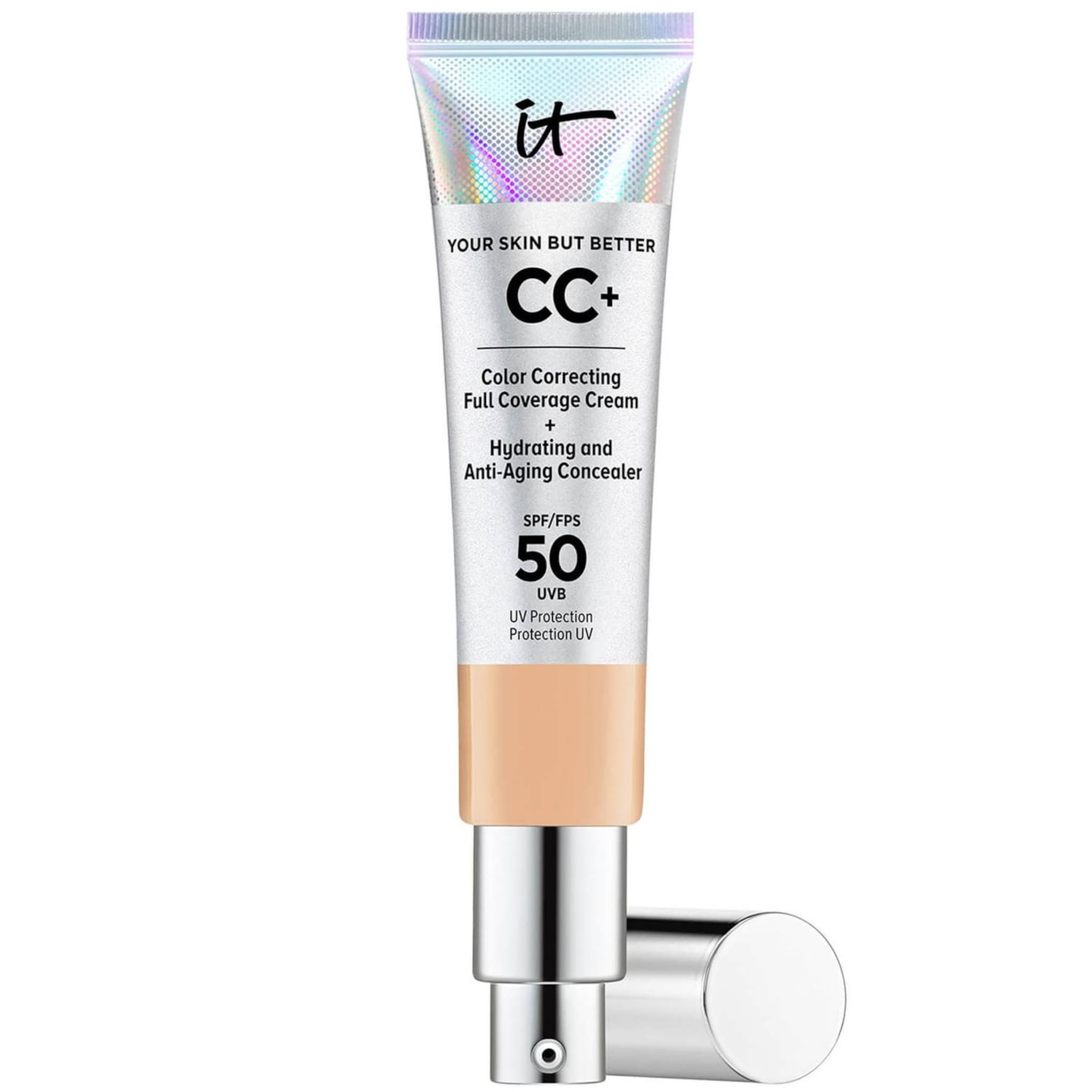 Face makeup tube with silver cap, light beige product, and IT Cosmetics text