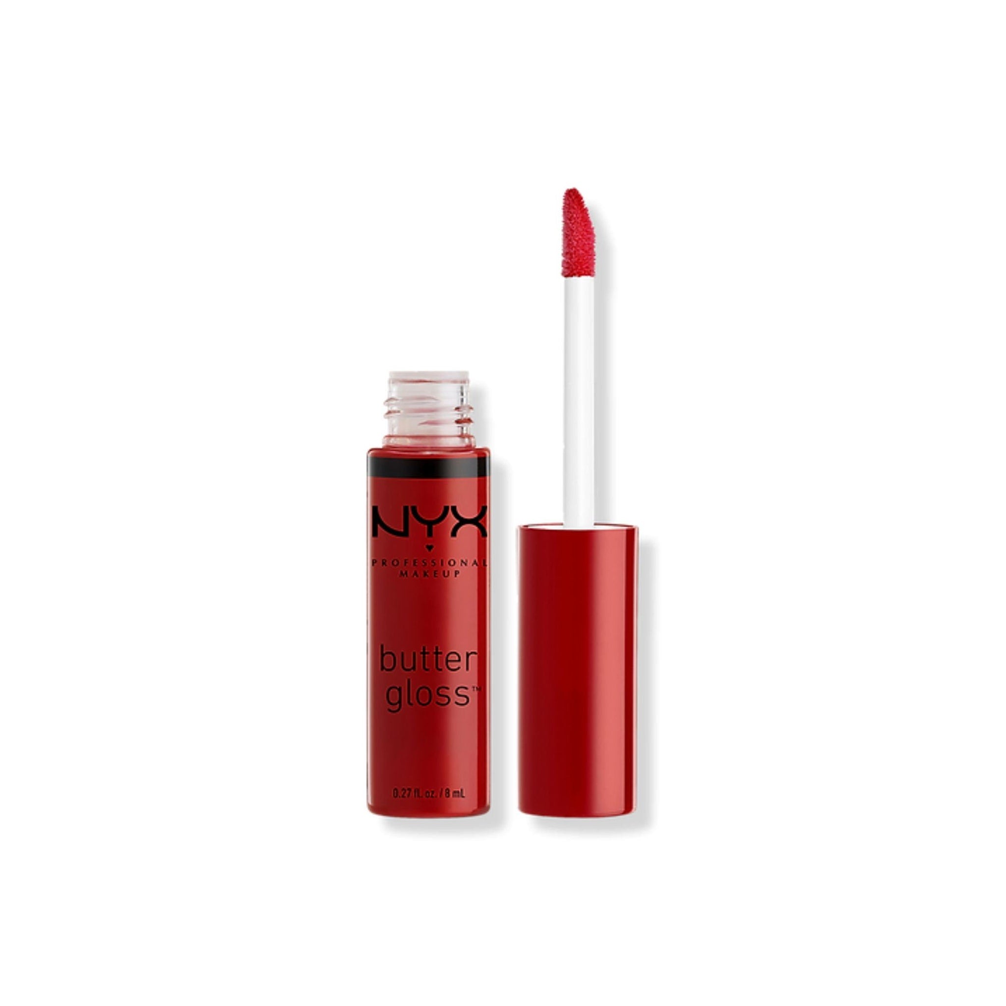 Lip gloss red tube and wand, NYX Professional Makeup butter gloss visible