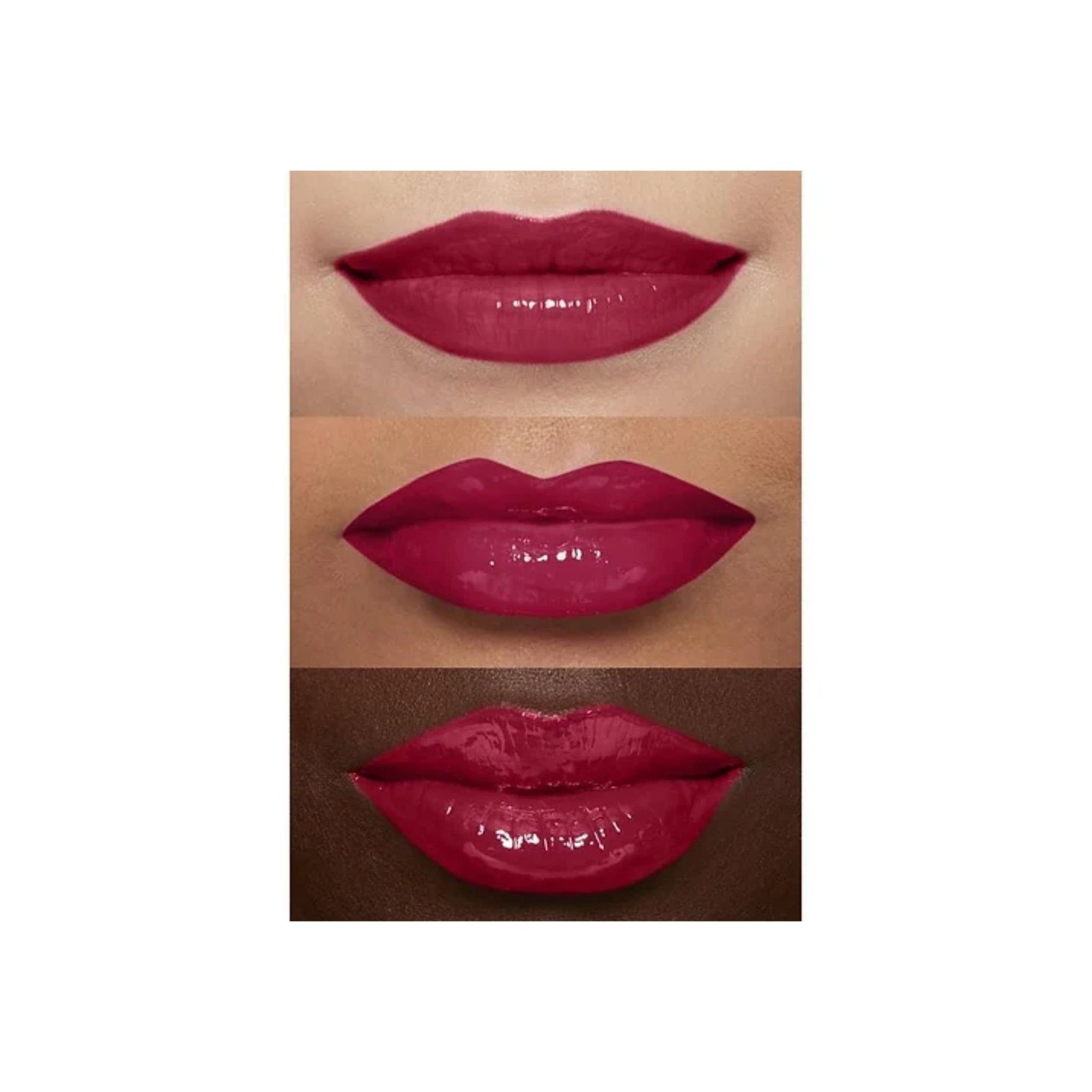 Lip gloss in red with glossy finish on different skin tones, for lip application