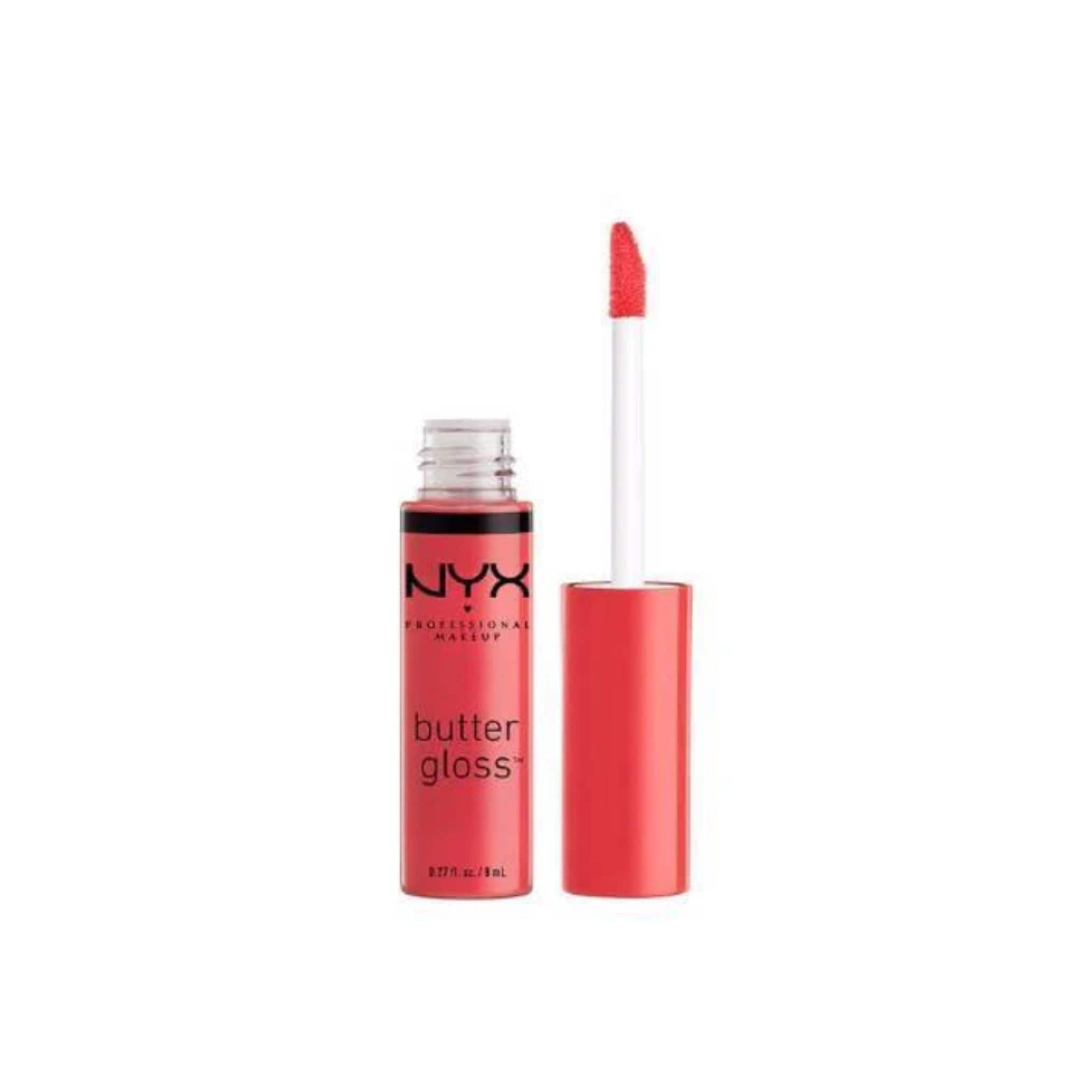 Lip gloss bottle with red gloss and NYX brand text, white applicator wand, and red cap.