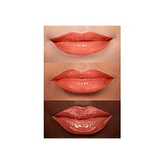 Lipstick swatches in coral shades with glossy finish on different skin tones