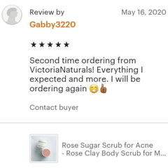 Customer review with Gabby3220 name, five stars, and text about VictoriaNaturals product experience