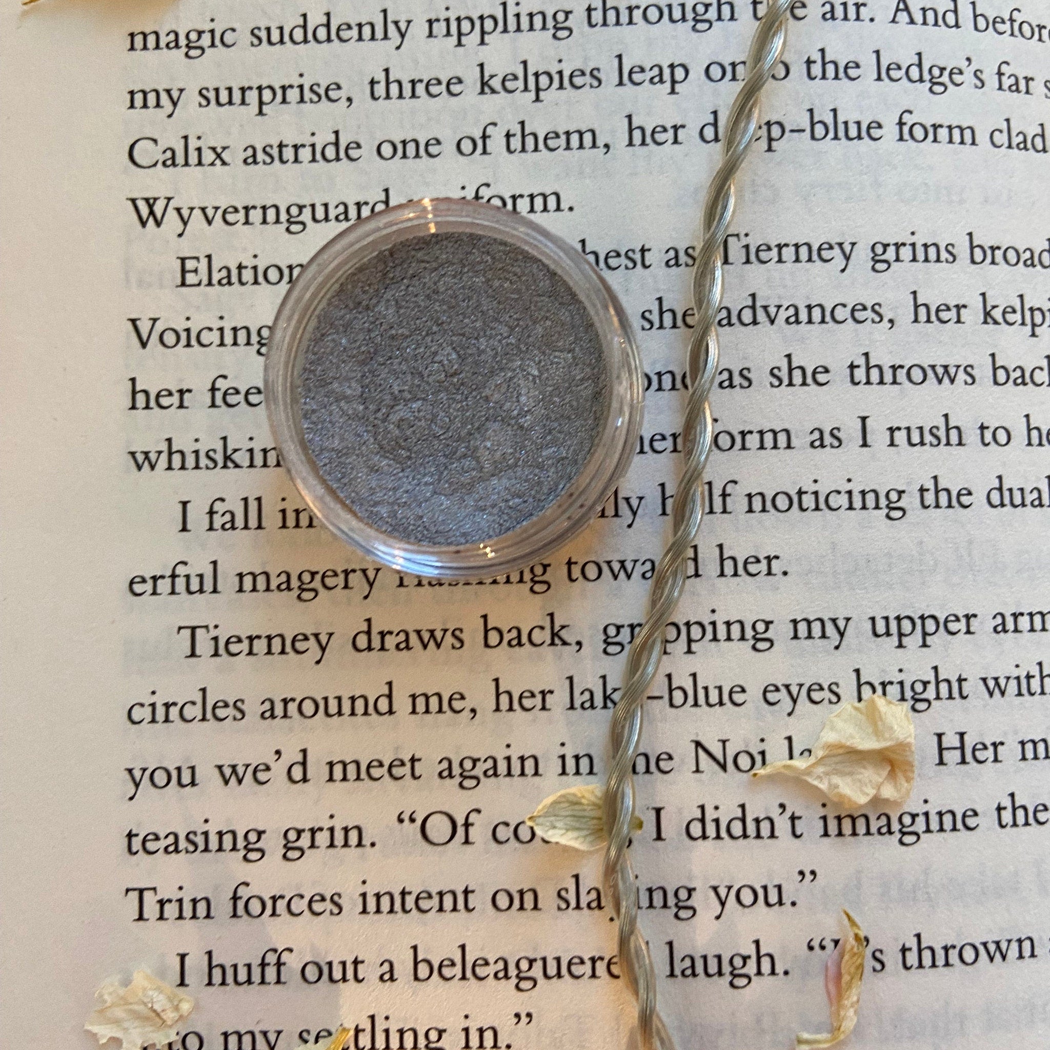 Eyeshadow pot with gray metallic powder, clear plastic container, on book page