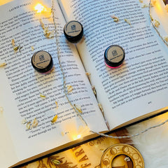 Side view of Sorceress Eye Shadow Set showcasing stacked matte and shimmer shades in deep purples and neutrals