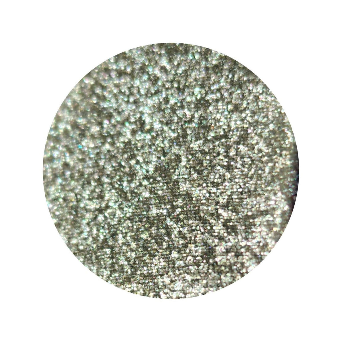 Close-up of vegan mineral eye shadow pan with shimmery diamond silver and gray duochrome metallic finish